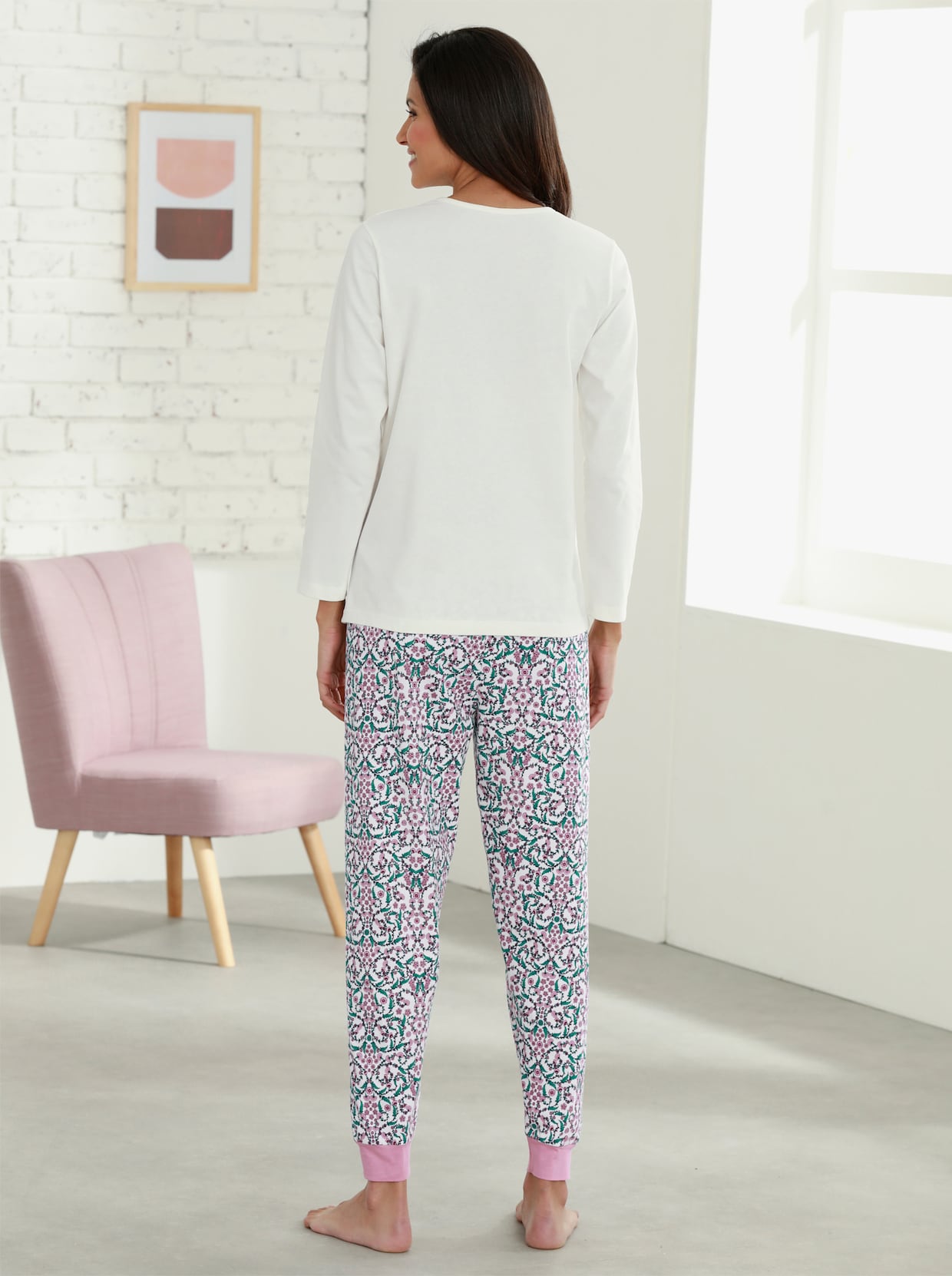 Pyžamo-Kalhoty - starorůžová-květovaná