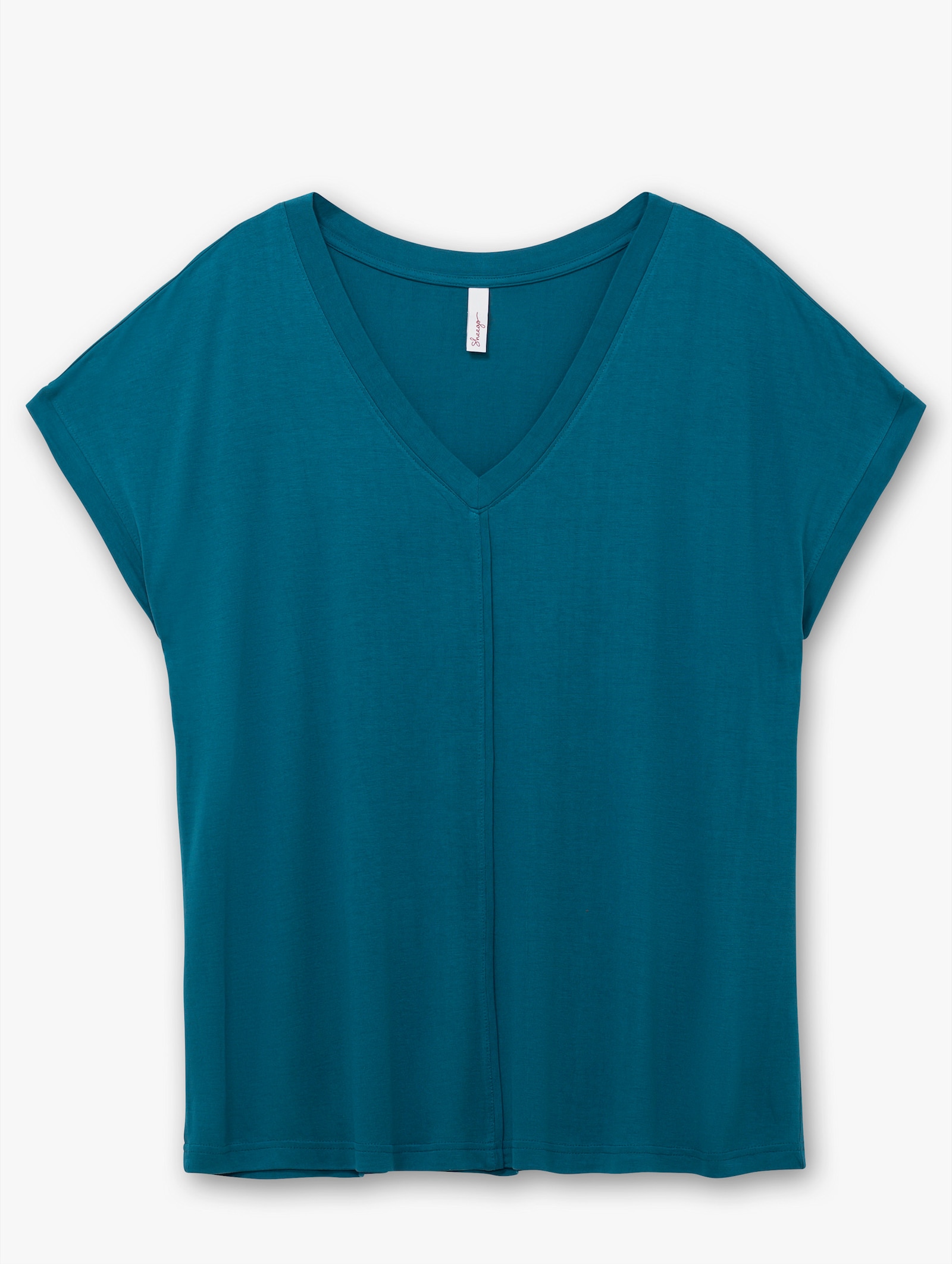 sheego T-Shirt mit V-Ausschnitt und Zierpaspel vorne - dunkelpetrol