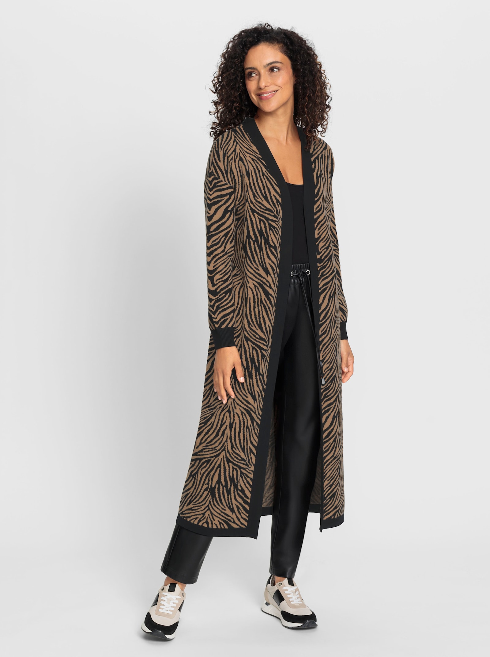 Strickmantel im Animal-Jacquardmuster - schwarz-camel-gemustert