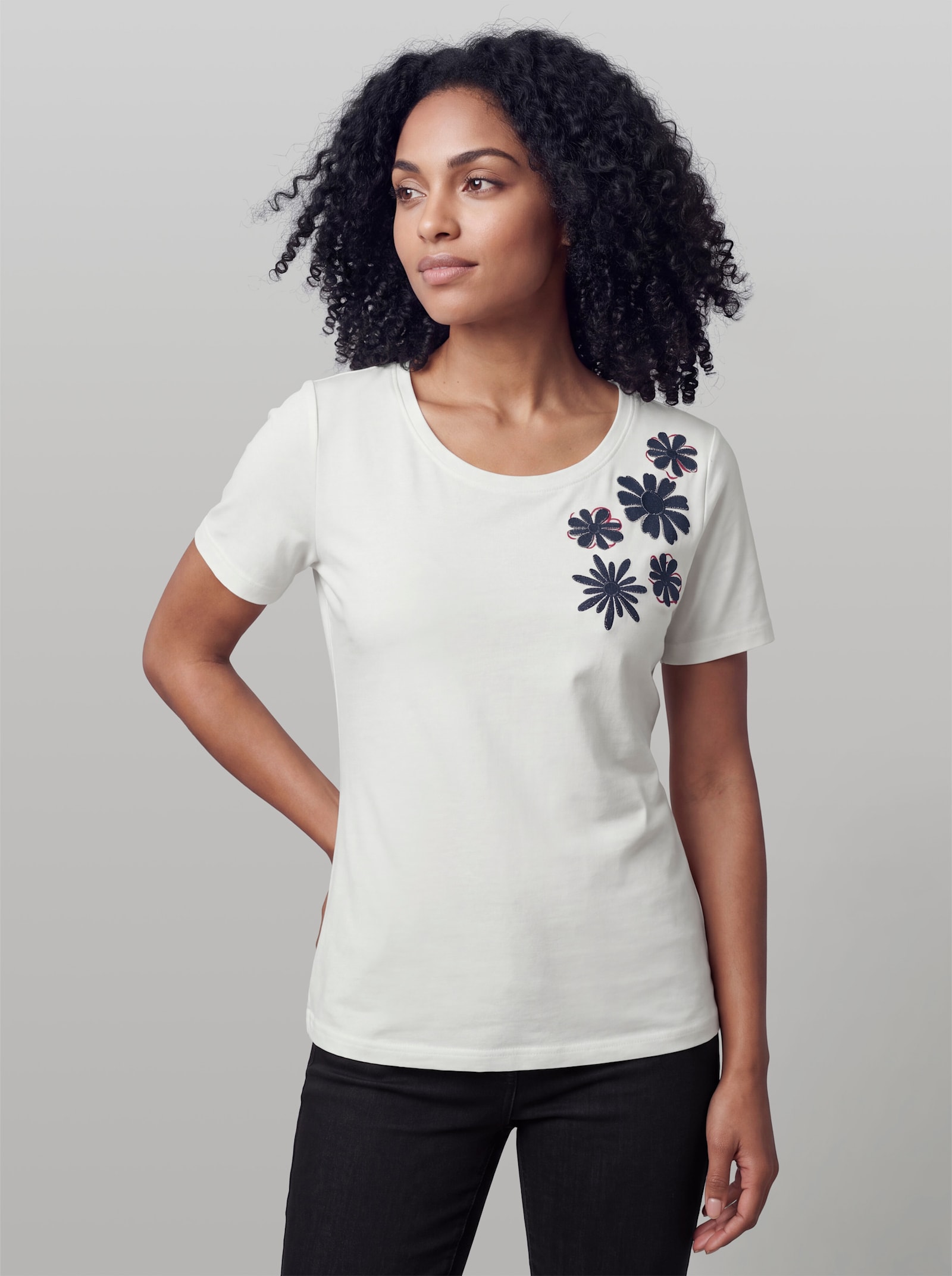 heine Kurzarmshirt mit Blüten-Applikation - ecru