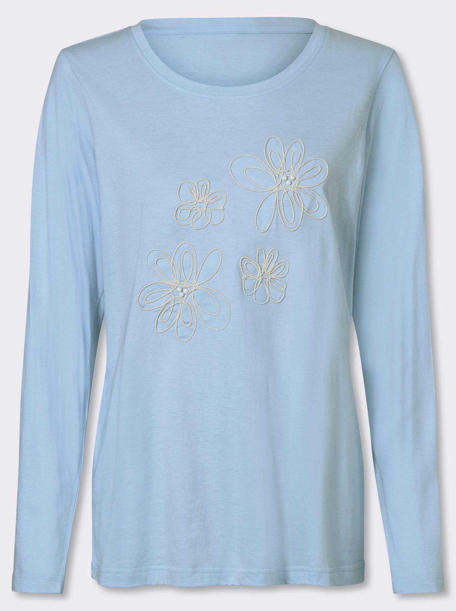 Langarmshirt mit Kordelstickerei und Zierperlen - eisblau