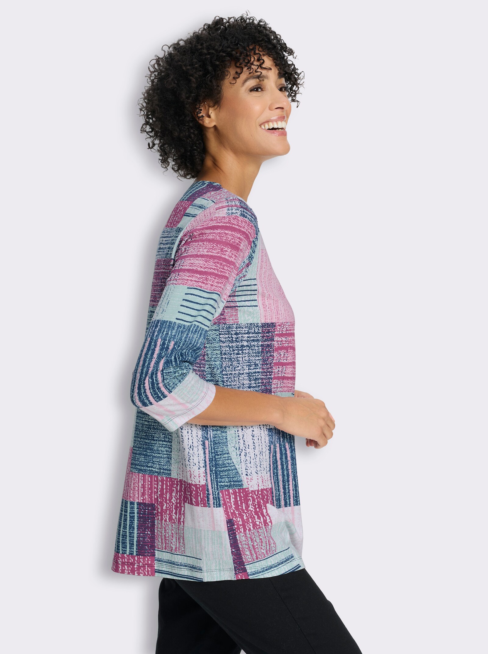 Longshirt in leicht ausgestellter Form - kalkmint-dunkelblau-bedruckt