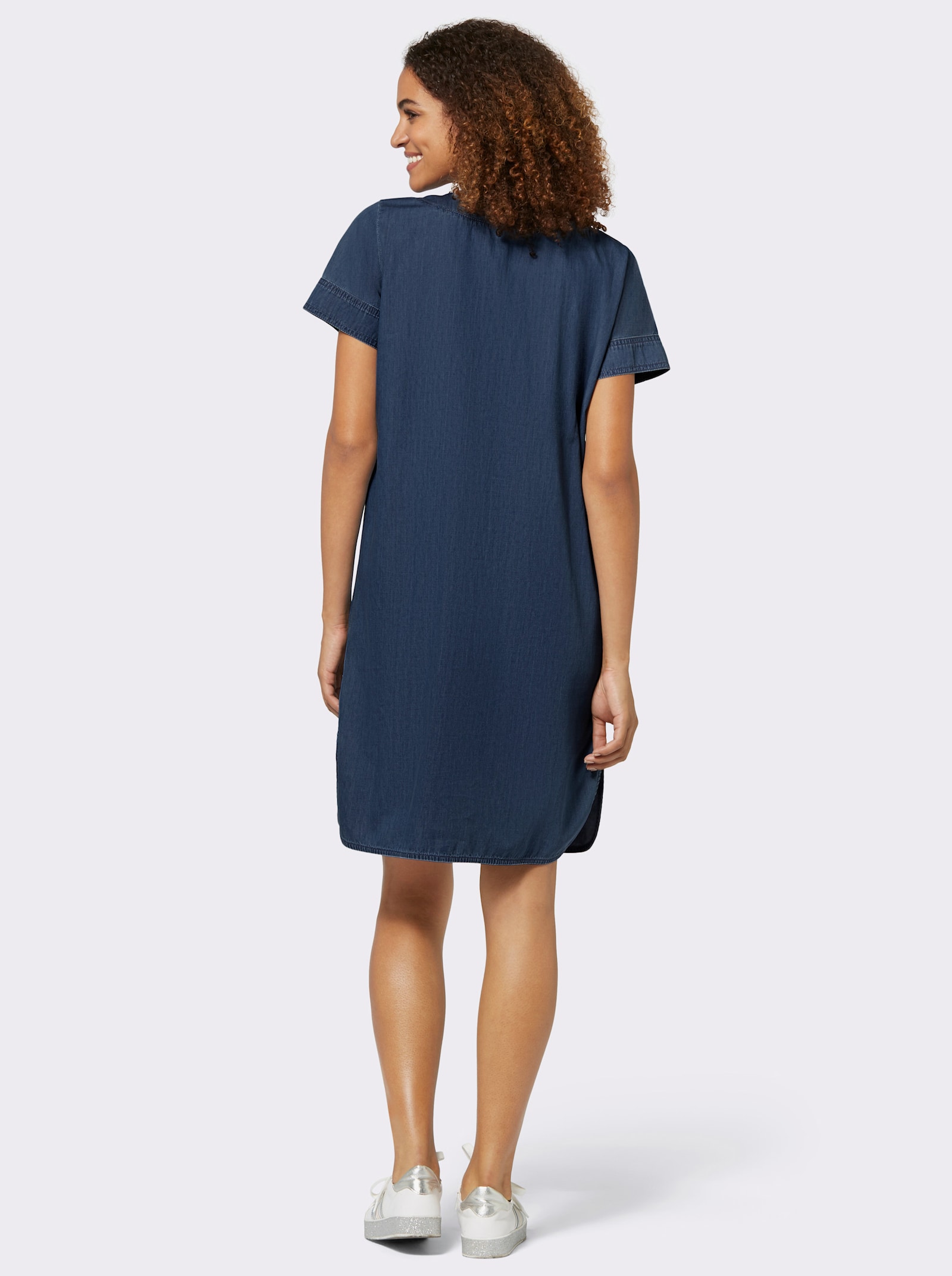 Jeanskleid mit V-Ausschnitt, Baumwolle - blue-stone-washed