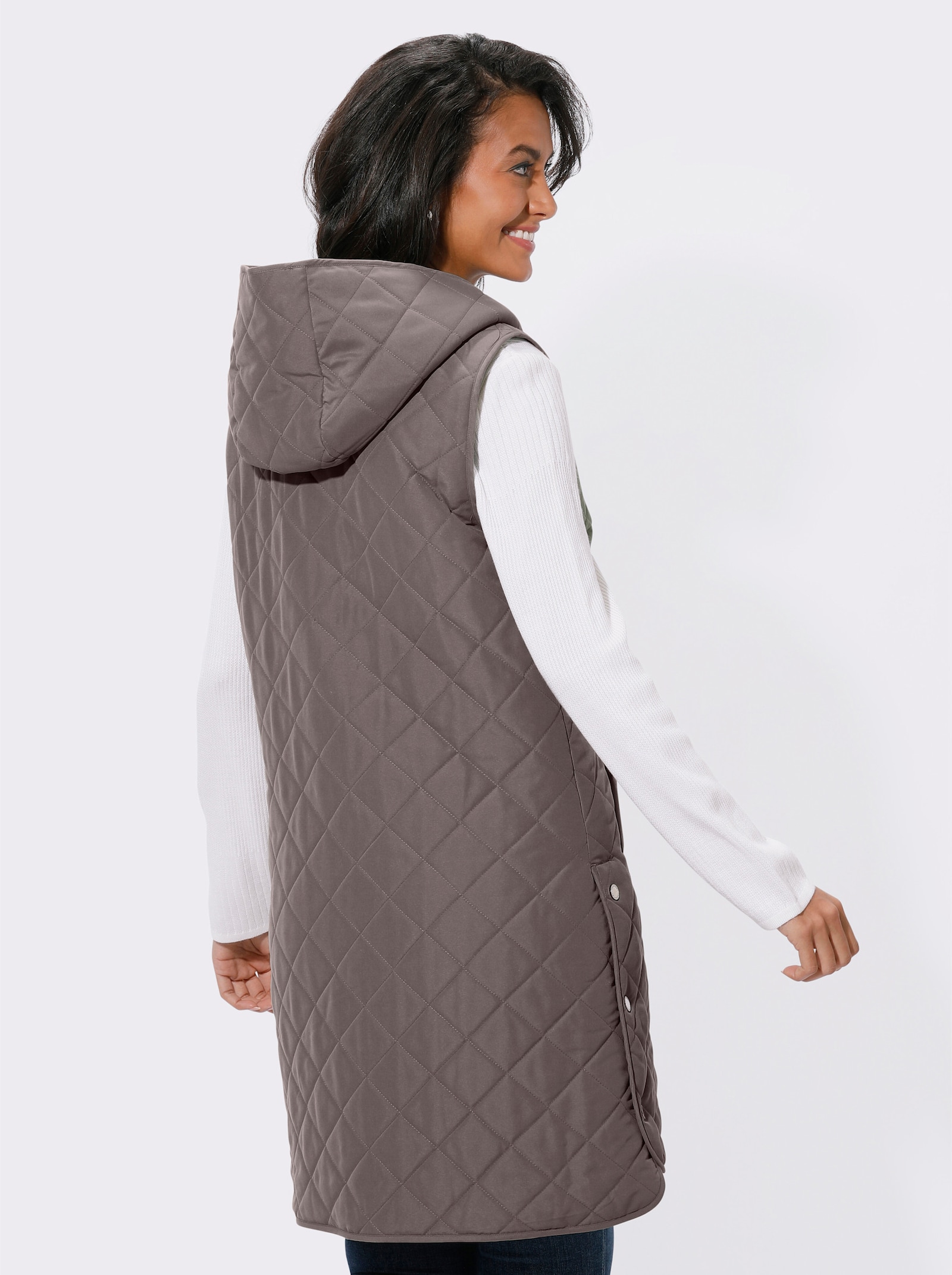 Lange bodywarmer met ruitstiksels - donkertaupe