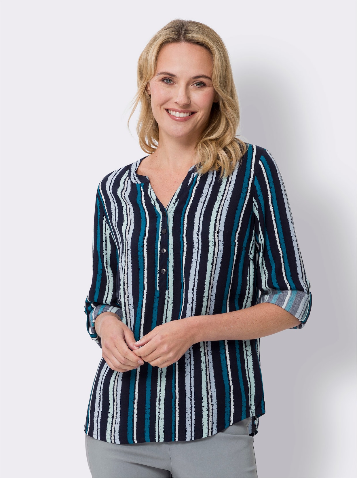 Comfortabele blouse - kalkmint/petrol gestreept