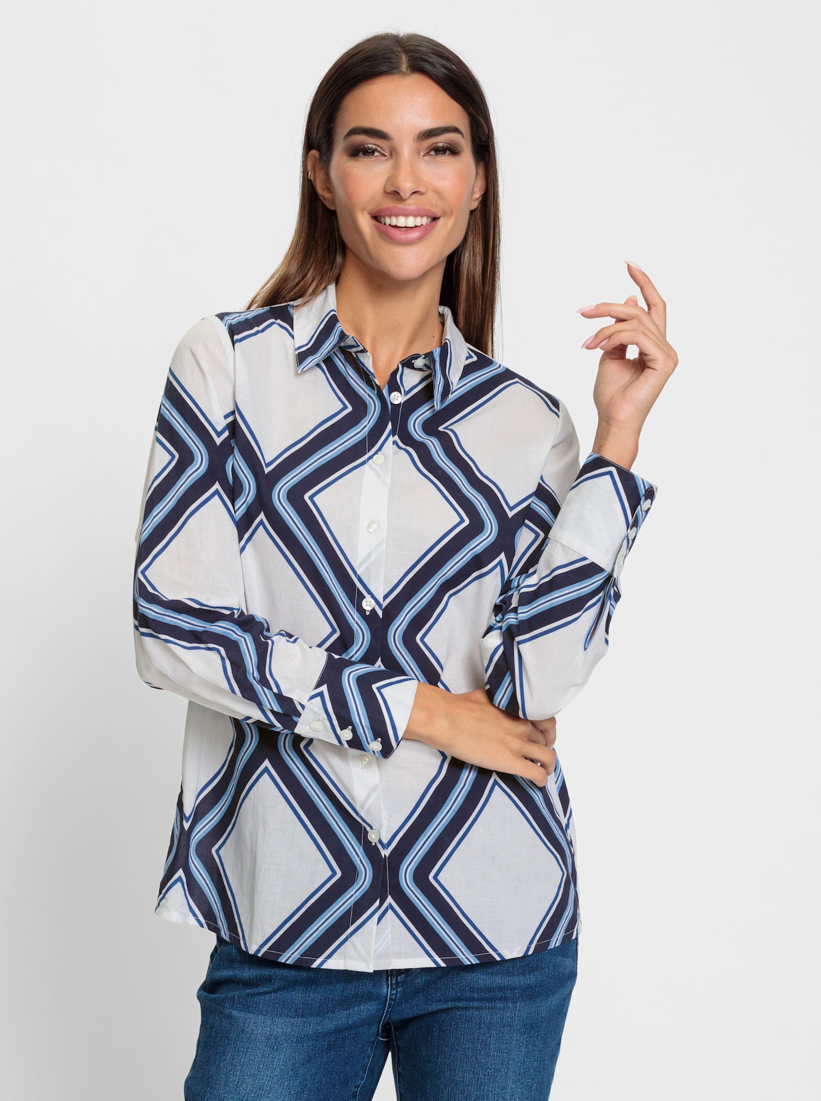 heine Druckbluse mit Langarm - ecru-marine-bedruckt