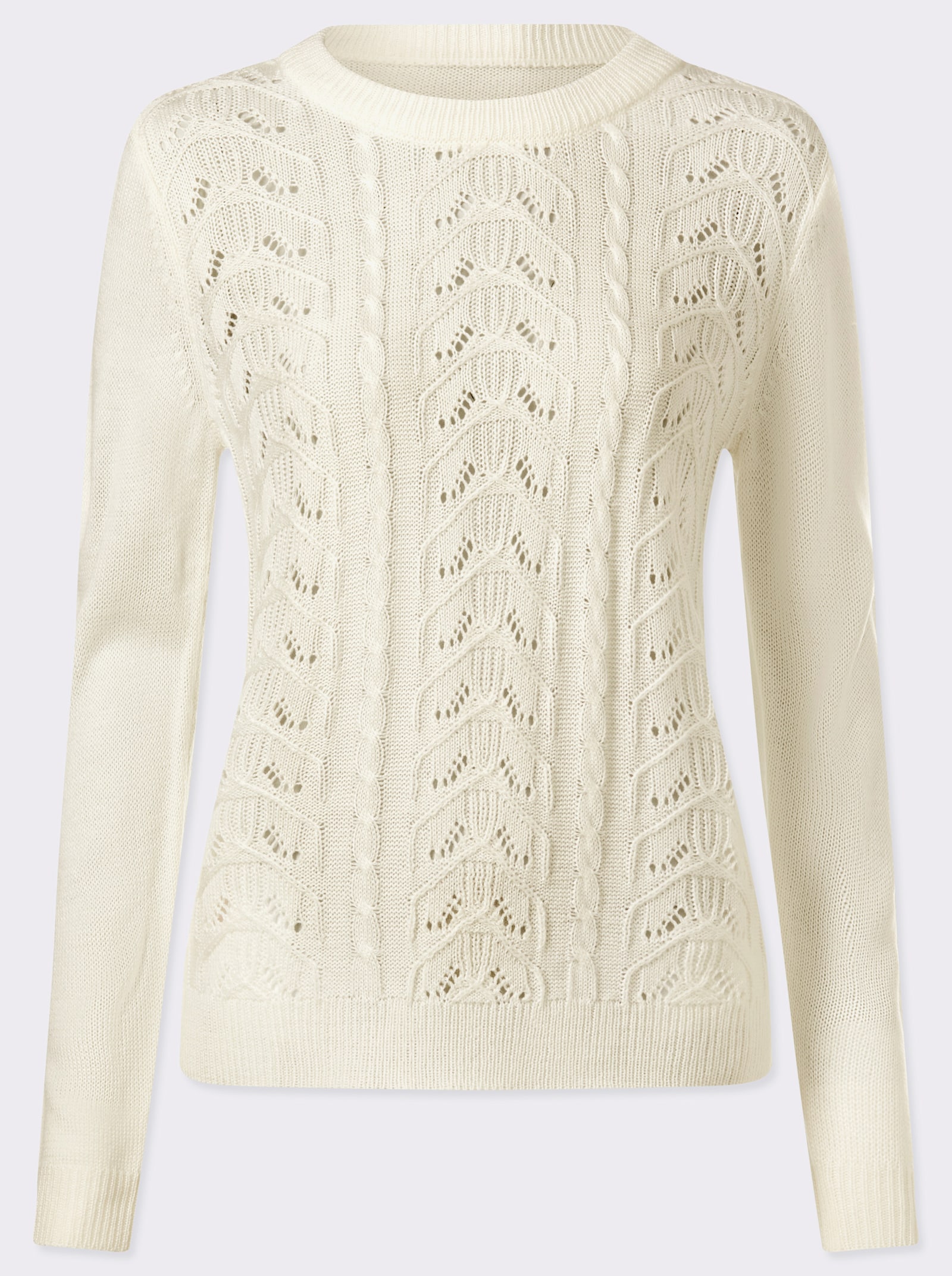Rundhalspullover mit Zopf- und Ajourmuster - ecru