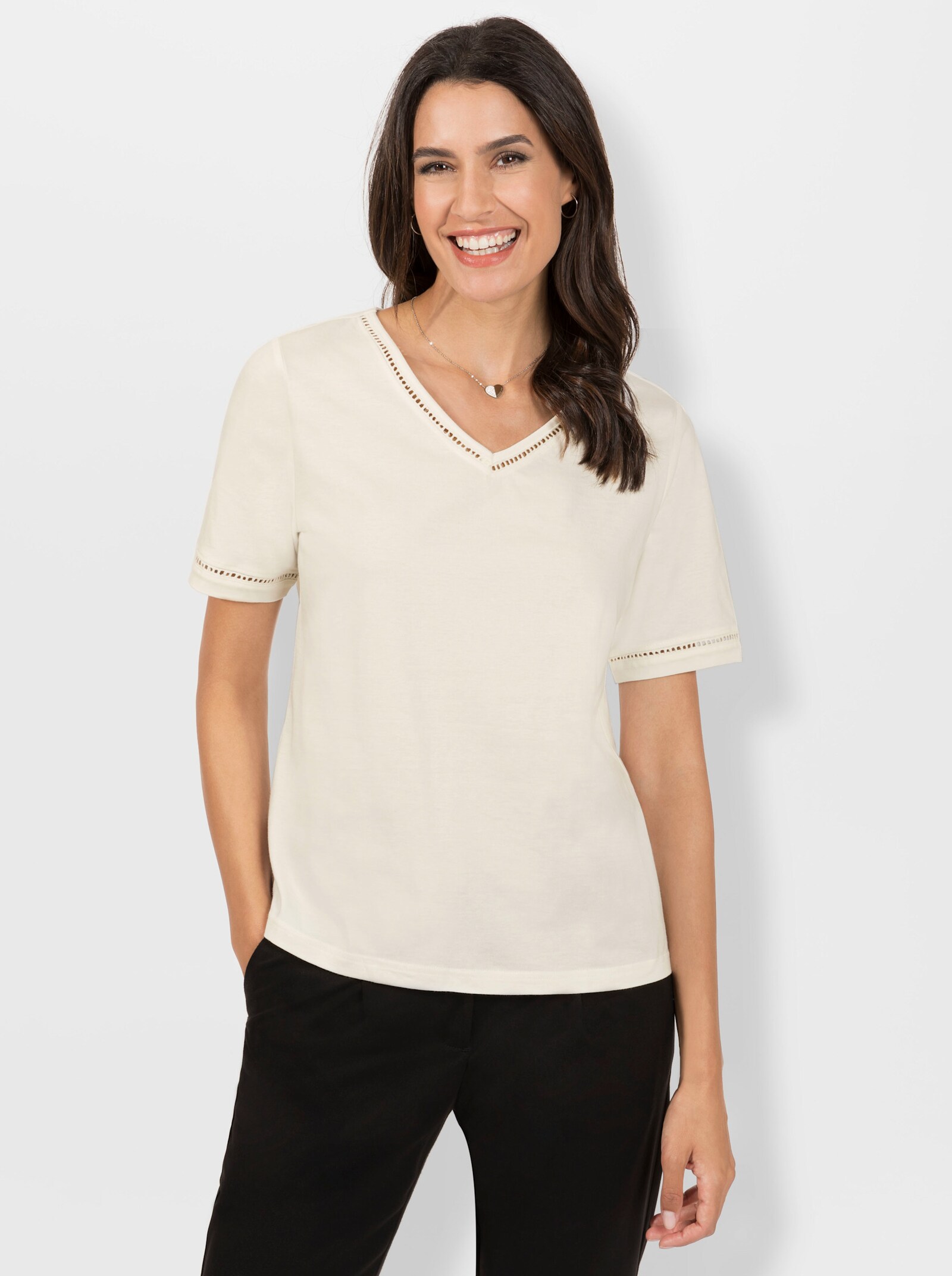 Kurzarmshirt mit Leiterspitze - ecru