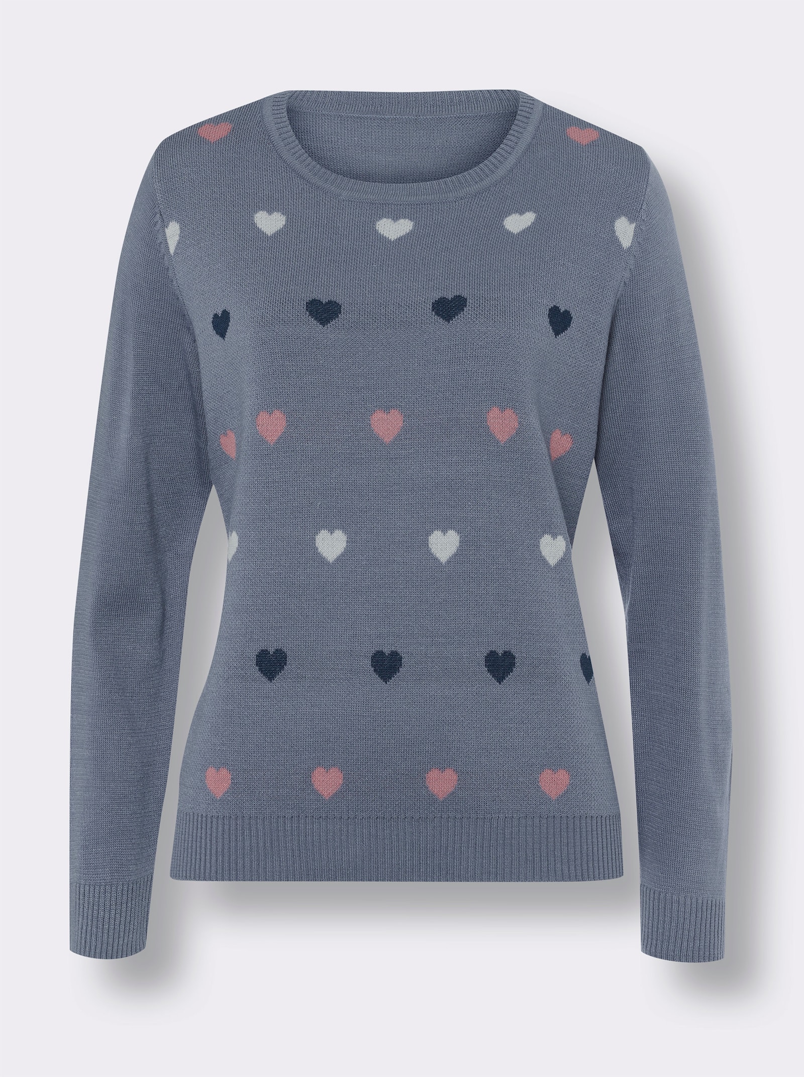 Rundhalspullover mit Jacquard-Herzchen - taubenblau-ecru-gemustert