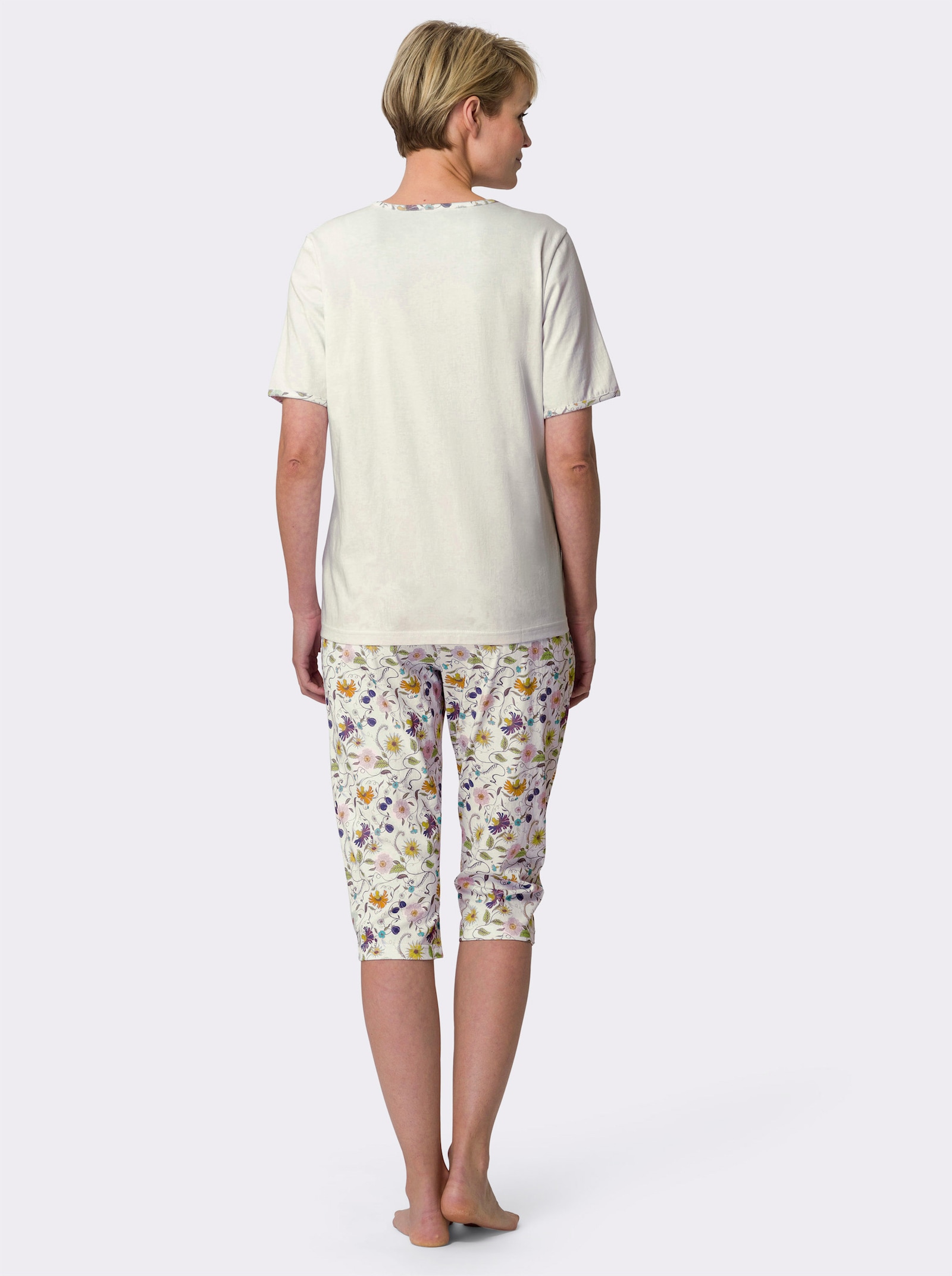 Capri-pyjama van single-jersey - ecru/paars bedrukt