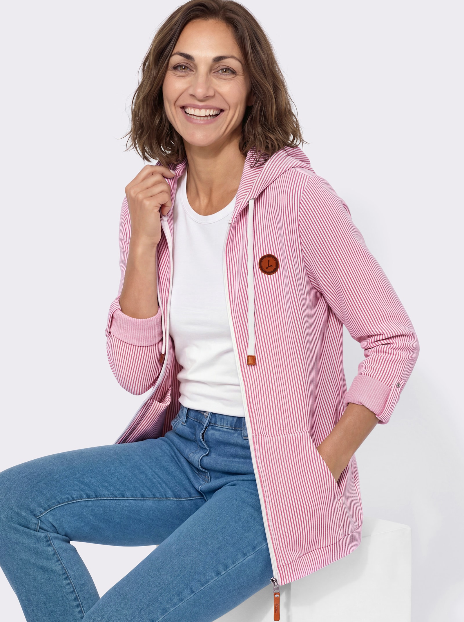 Sweatjacke mit Känguru-Tasche - fuchsia-ecru-gestreift