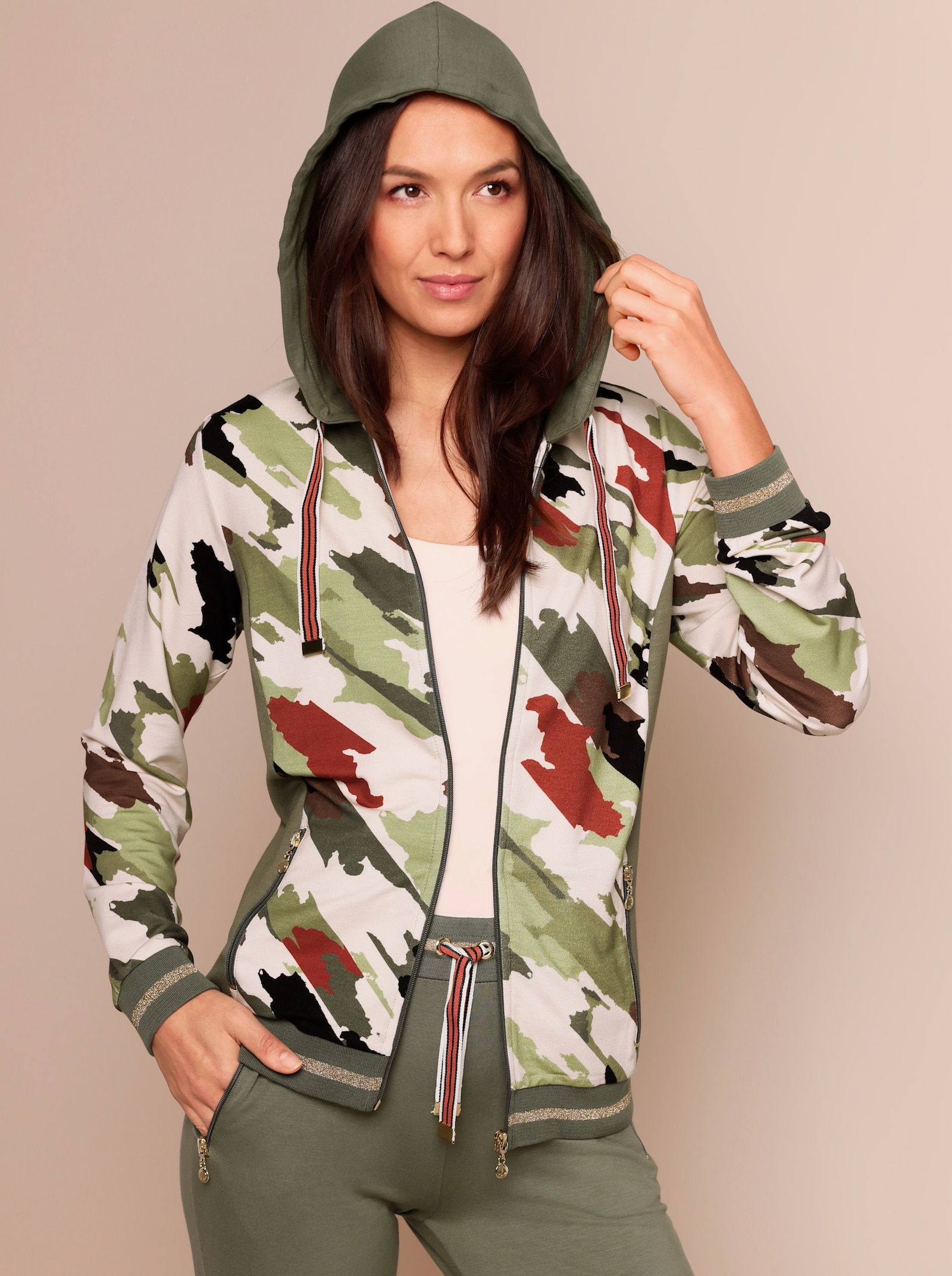 CREATION L PREMIUM Modal-Viskose-Jacke - champagner-khaki-bedruckt