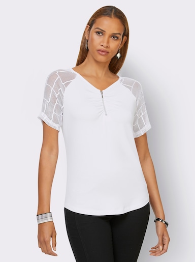 Spitzenshirt mit transparenten Ärmeln - weiß