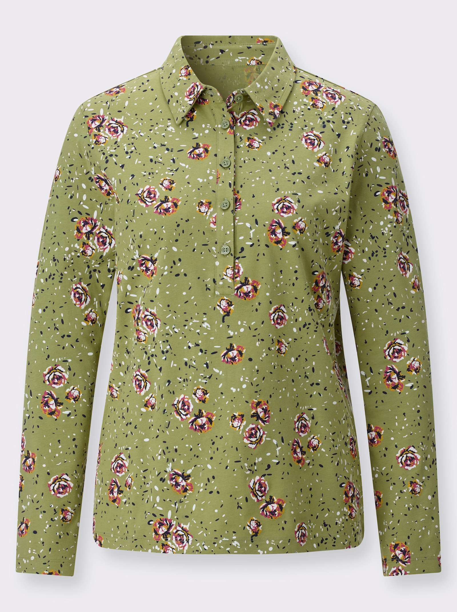 Poloshirt im dezenten Blumenmuster - schilf-fuchsia-bedruckt