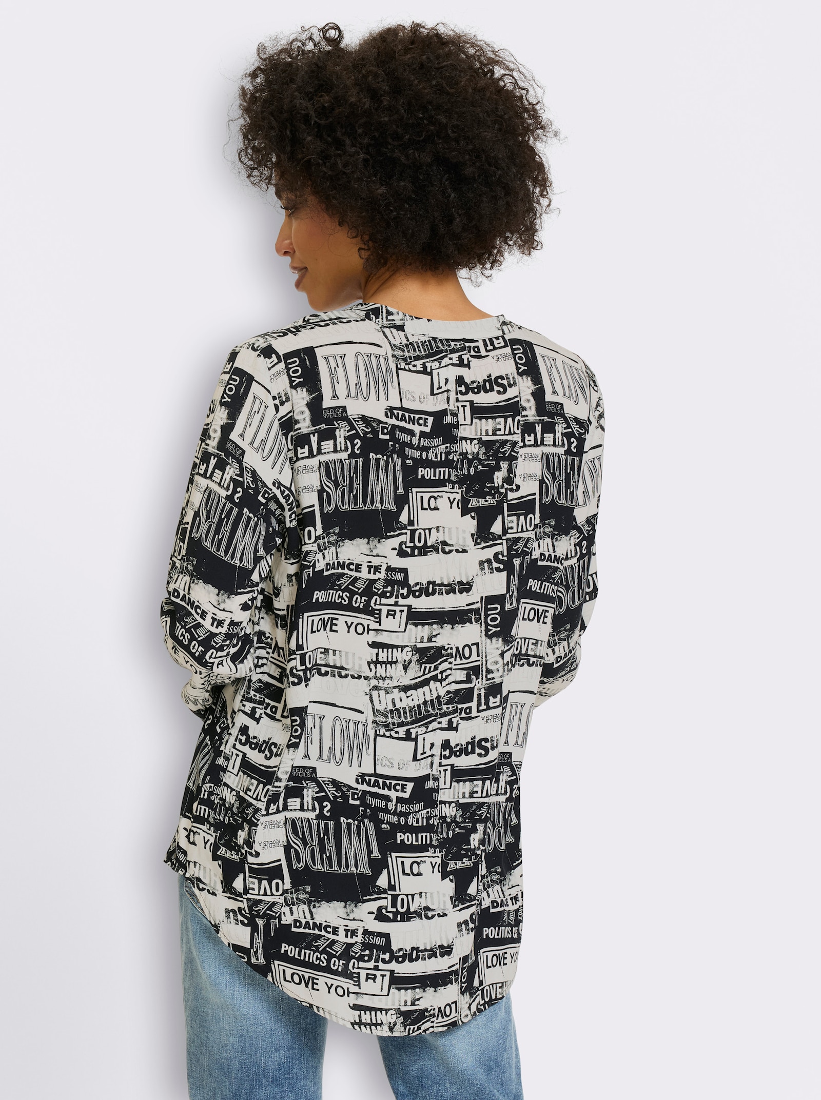 heine Druckbluse mit kurzer Knopfleiste - schwarz-weiß-bedruckt