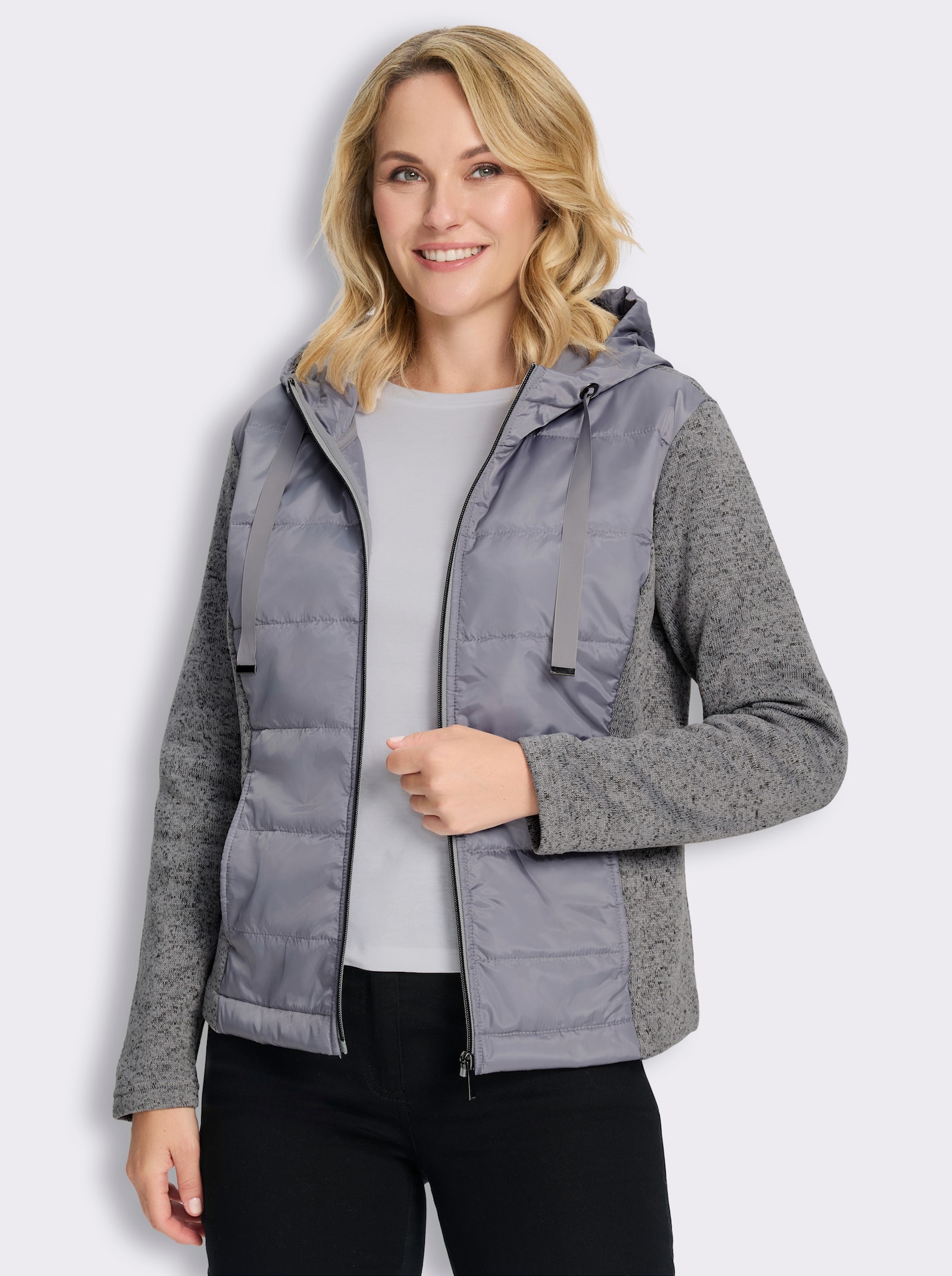 Strickfleecejacke mit gestepptem Web-Einsatz - steingrau-meliert