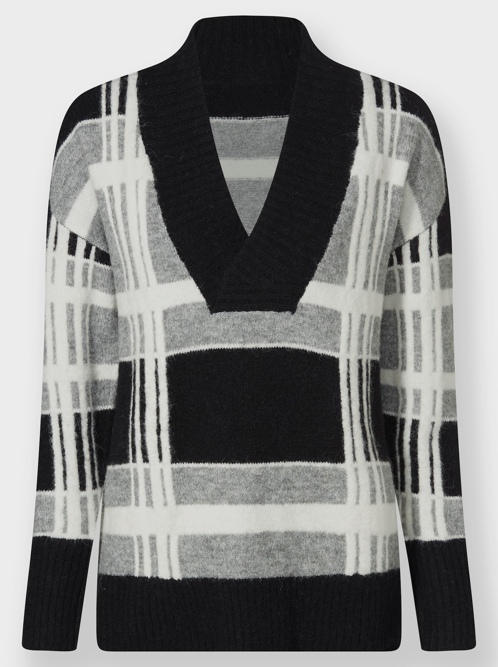 heine V-Ausschnitt-Pullover kontrastfarbigem V-Ausschnitt - schwarz-ecru-gemustert
