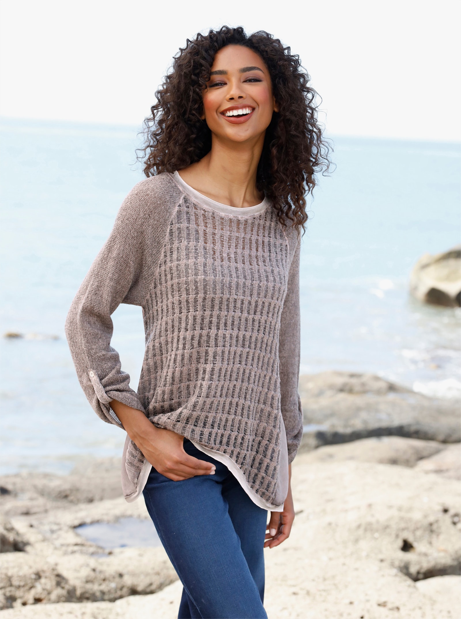 heine Shirt met 3/4-mouwen en chiffoninzetten - taupe