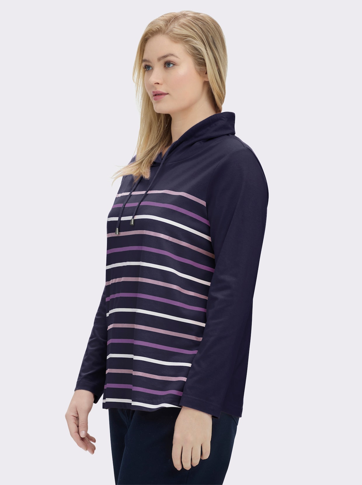 Stehkragenshirt mit Tunnelzug - marine-geringelt