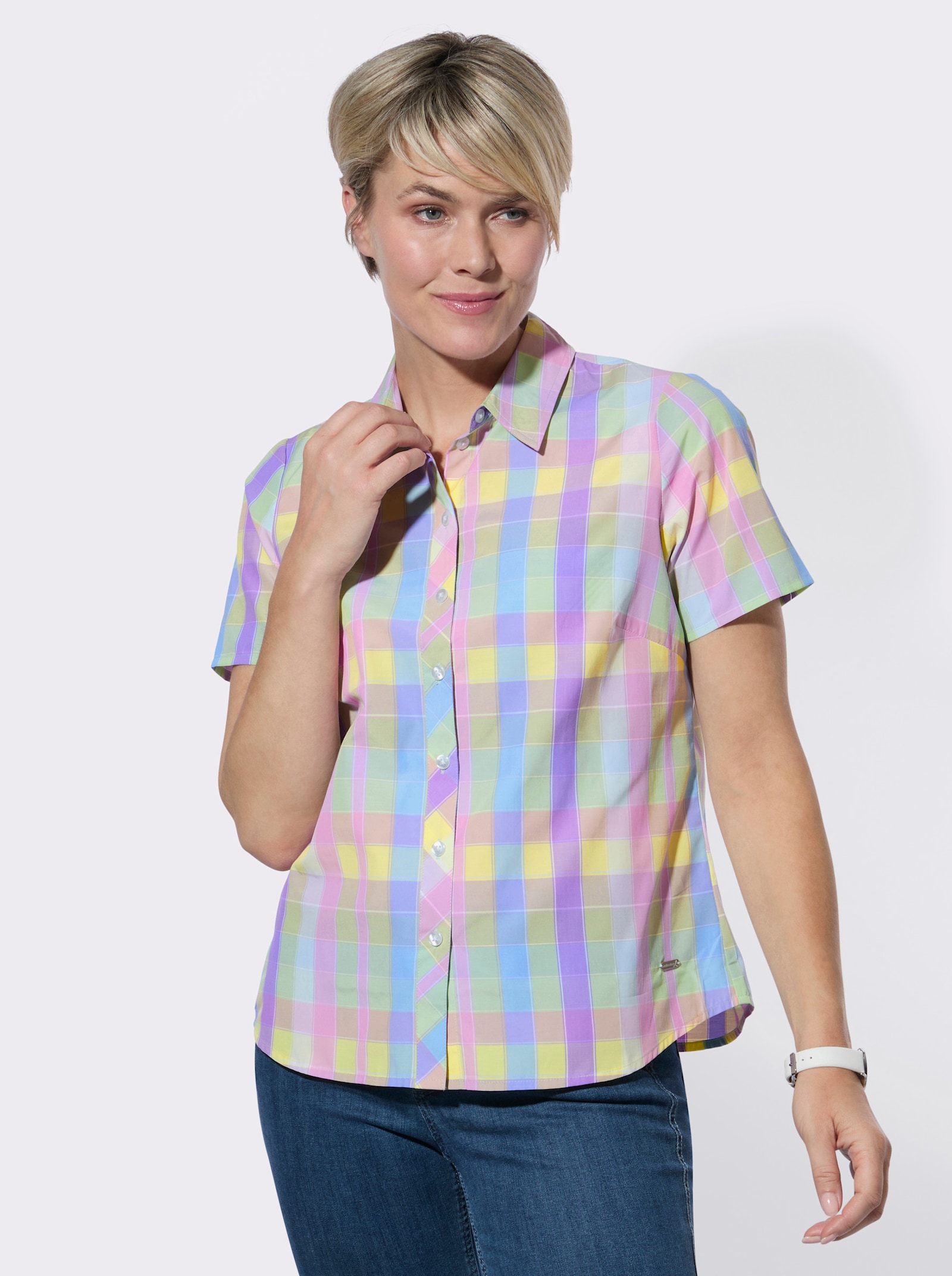 Karobluse mit Brustabnähern - orchidee-zitrone-kariert