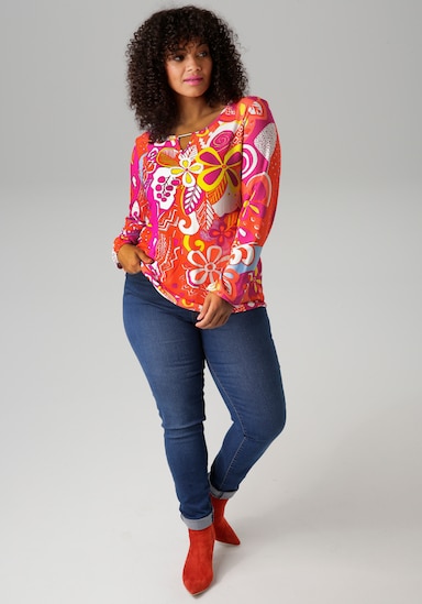Aniston PLUS Langarmshirt - fuchsia-weiß-orangerot-gelb-türkis-hummer