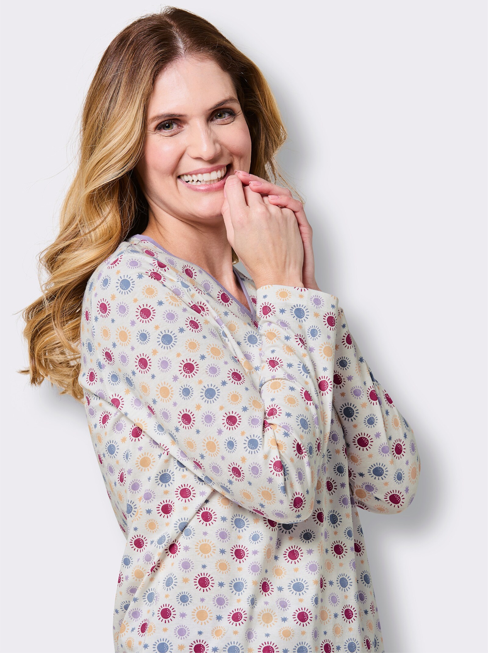 wäschepur Schlafanzug aus reiner Baumwolle - ecru-lavendel-bedruckt