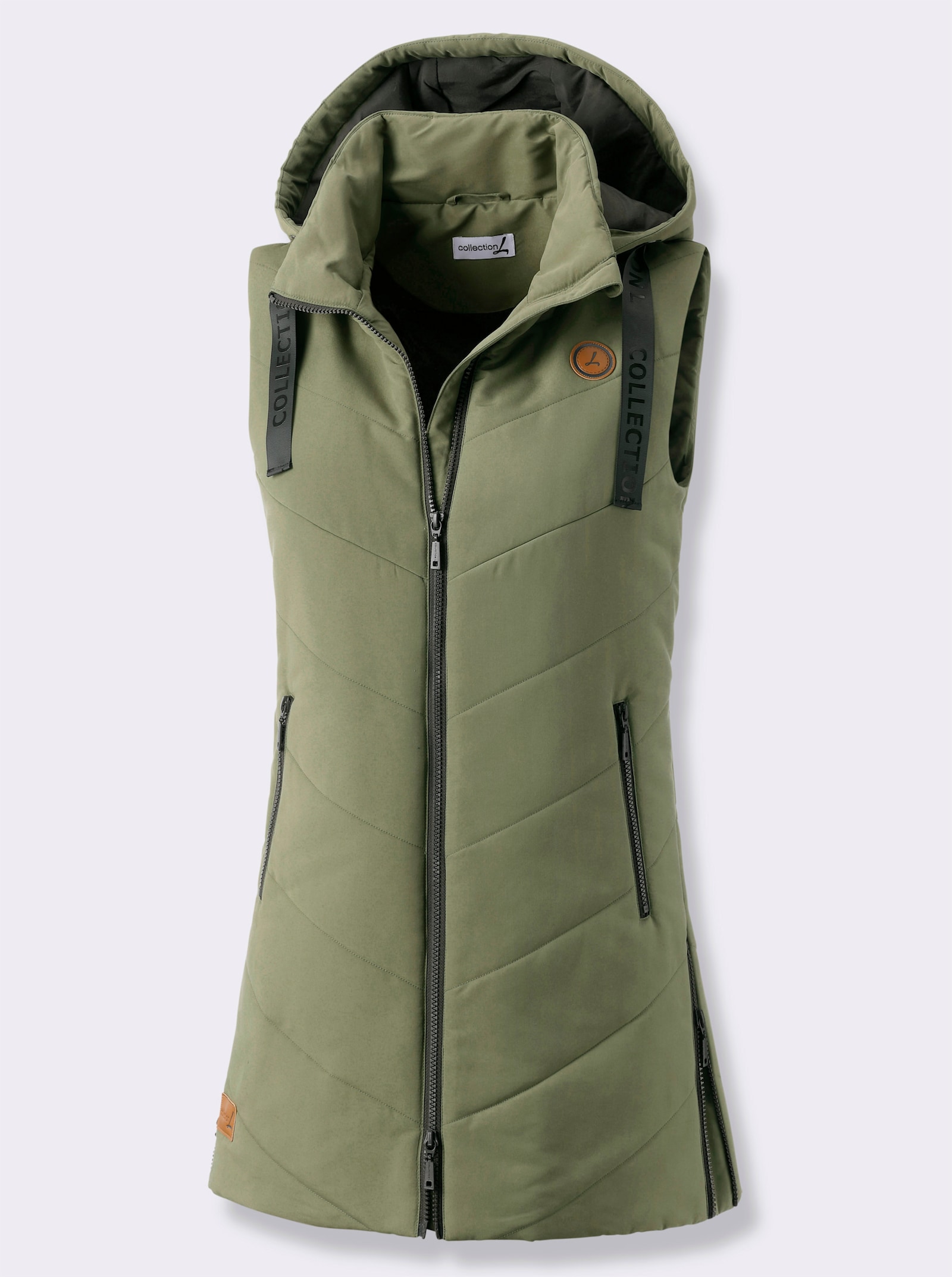 Lange bodywarmer met V-stiksels - kaki