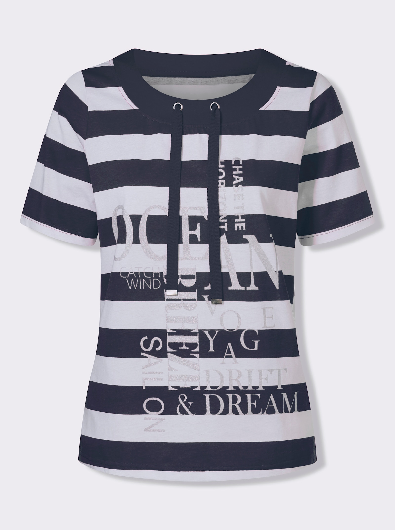 Kurzarmshirt mit Glitzer-Druck, gestreift - marine-weiss-geringelt