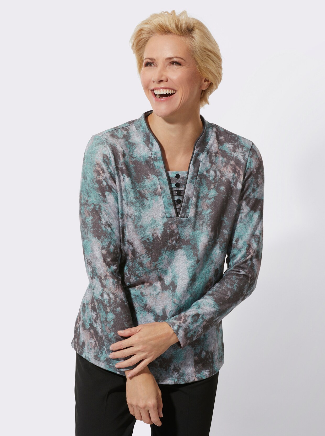 Shirt met lange mouwen - salie/steengrijs bedrukt