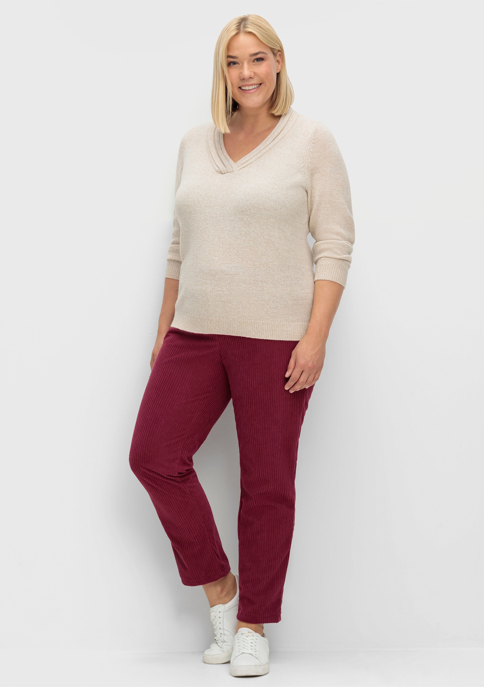 V-Ausschnitt-Pullover mit Rollkante - beige-meliert
