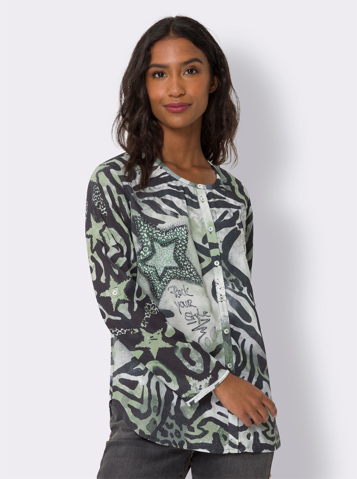 heine Blouse met print - ecru/rietgroen geprint