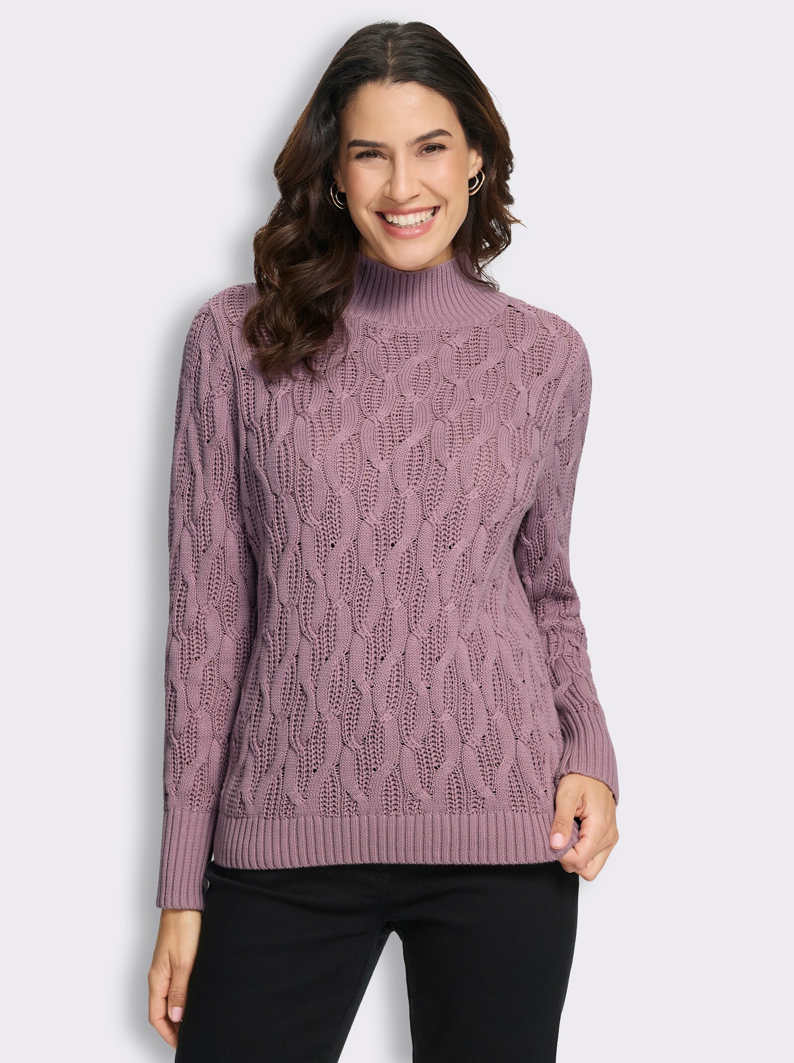  Stehkragenpullover mit Zopfmuster rundum - mauve