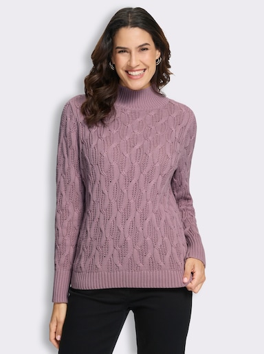  Stehkragenpullover mit Zopfmuster rundum - mauve