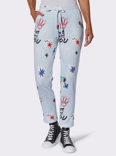 Sweathose in Jeans-Optik mit Druck-Motiven - hellblau-rot-bedruckt
