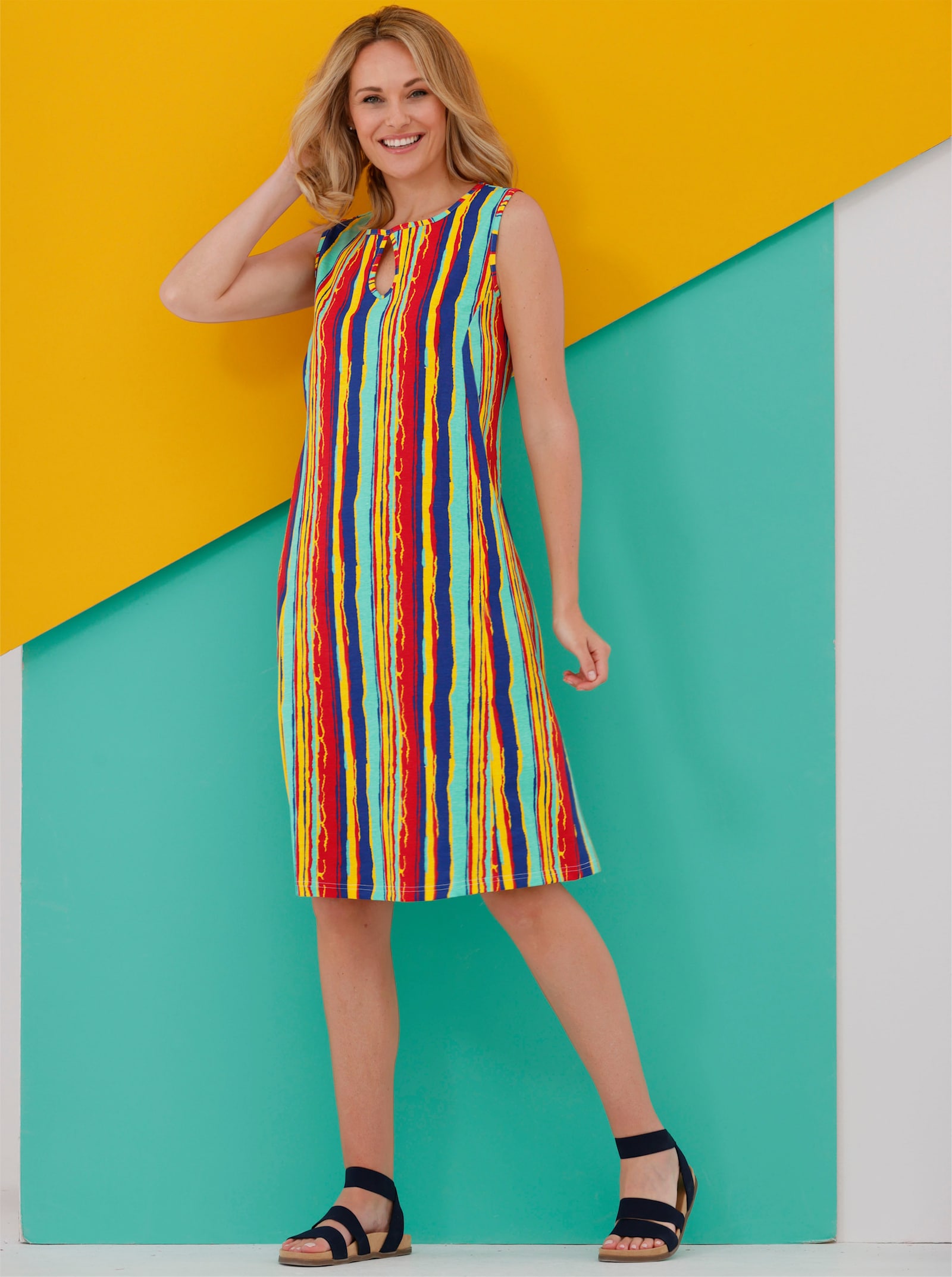 Shirtkleid in A-Linie, ärmellos - erdbeere-blaugrün-gestreift