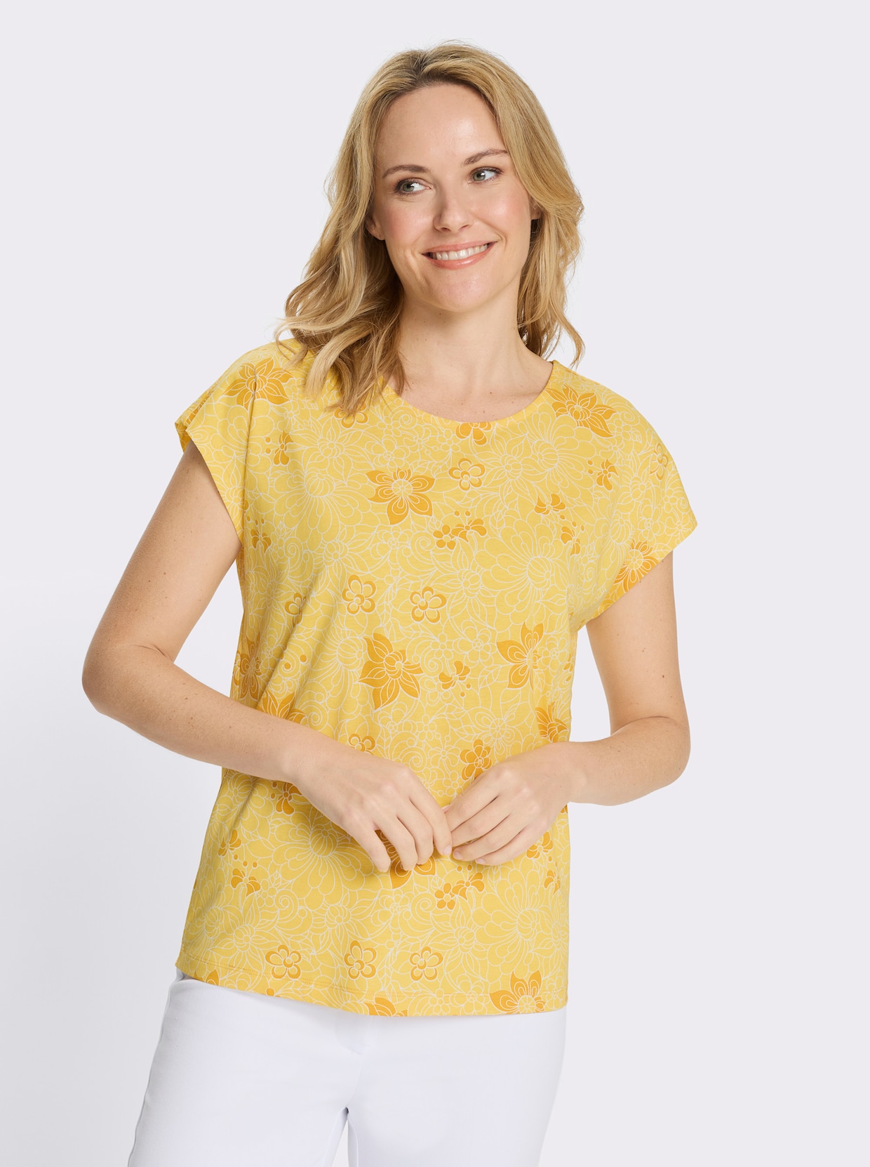 Kurzarmshirt mit Blumenprint - gelb-ocker-bedruckt