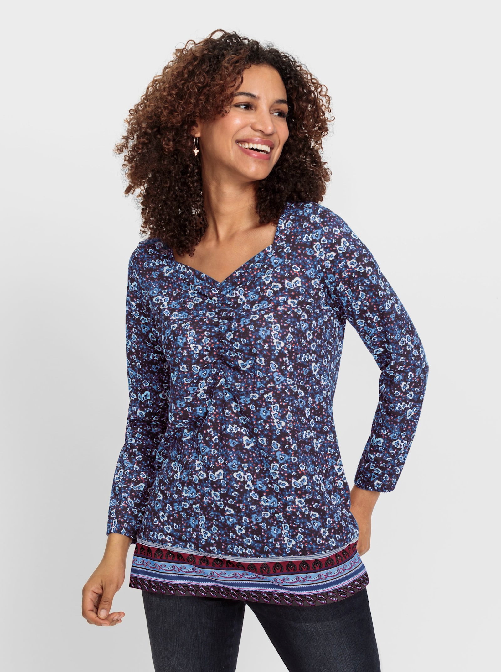 Shirt met lange mouwen en sierrandprint, gebloemd - marine/hemelsblauw gedessineerd