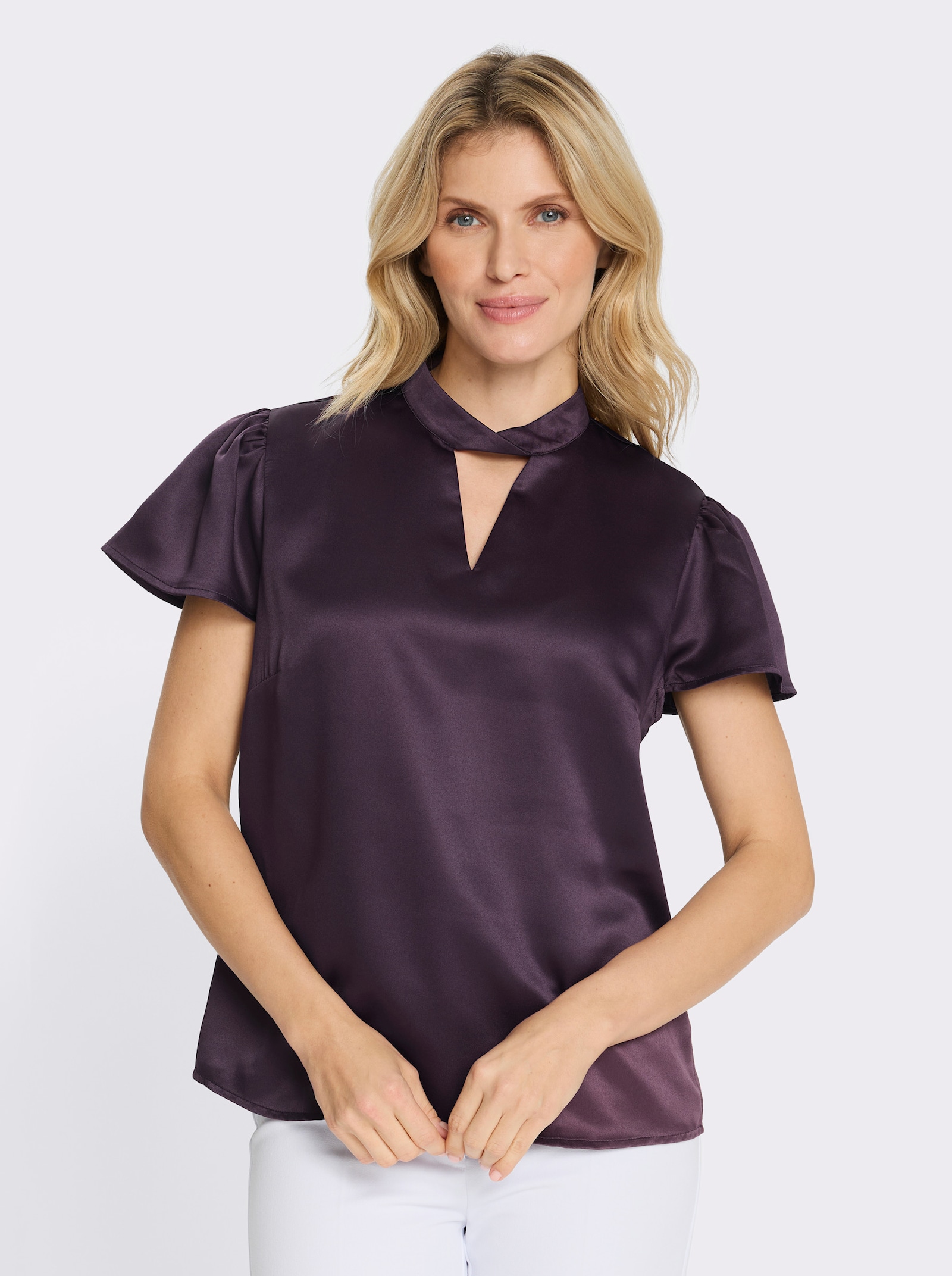 Satijnen blouse met vleermuismouwen - aubergine
