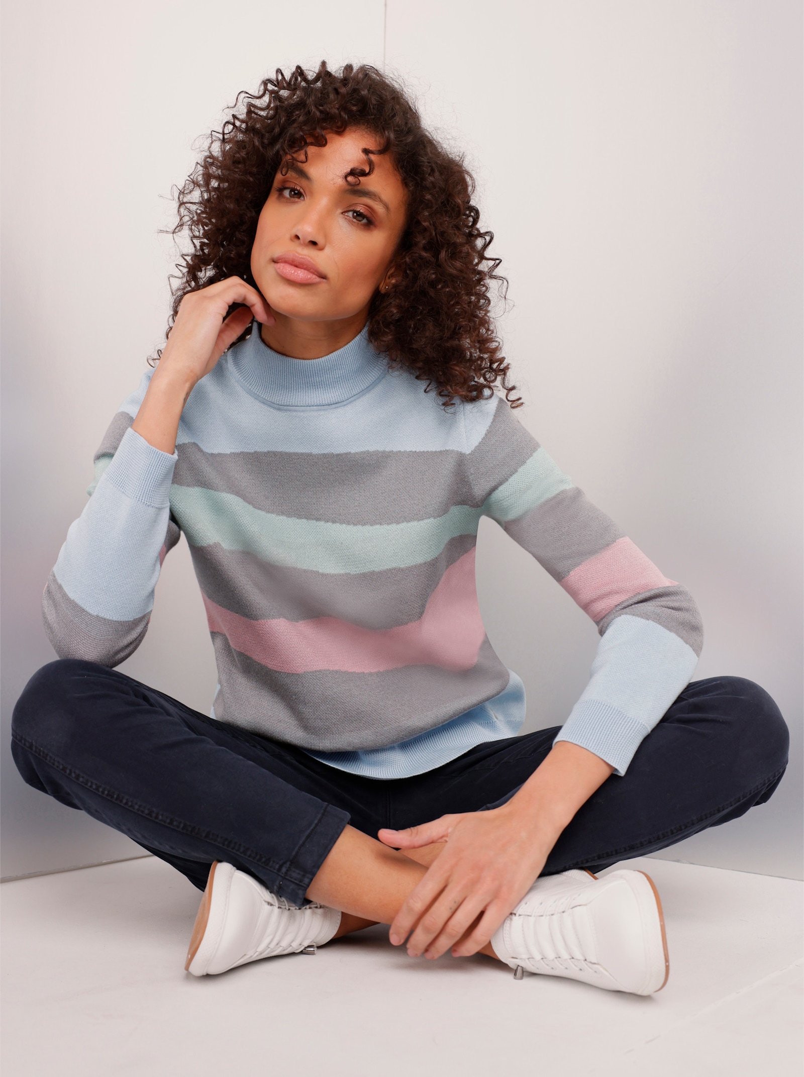 CREATION L PREMIUM Stehkragenpullover mit Jacquard-Muster, mehrfarbig - grau-bleu-gemustert