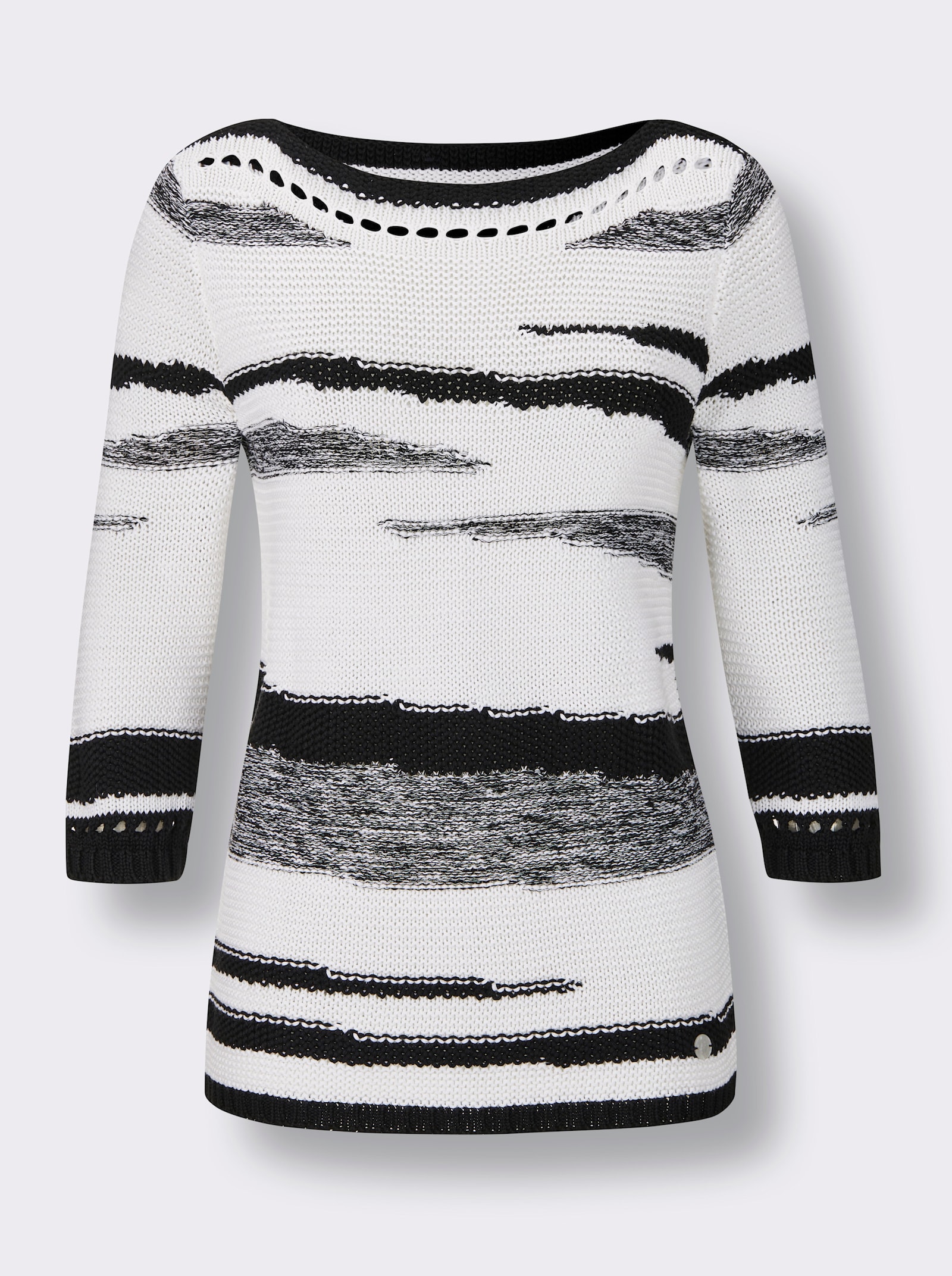 CREATION L PREMIUM 3/4 Arm-Pullover mit platziertem Lochmuster - weiß-schwarz-gemustert