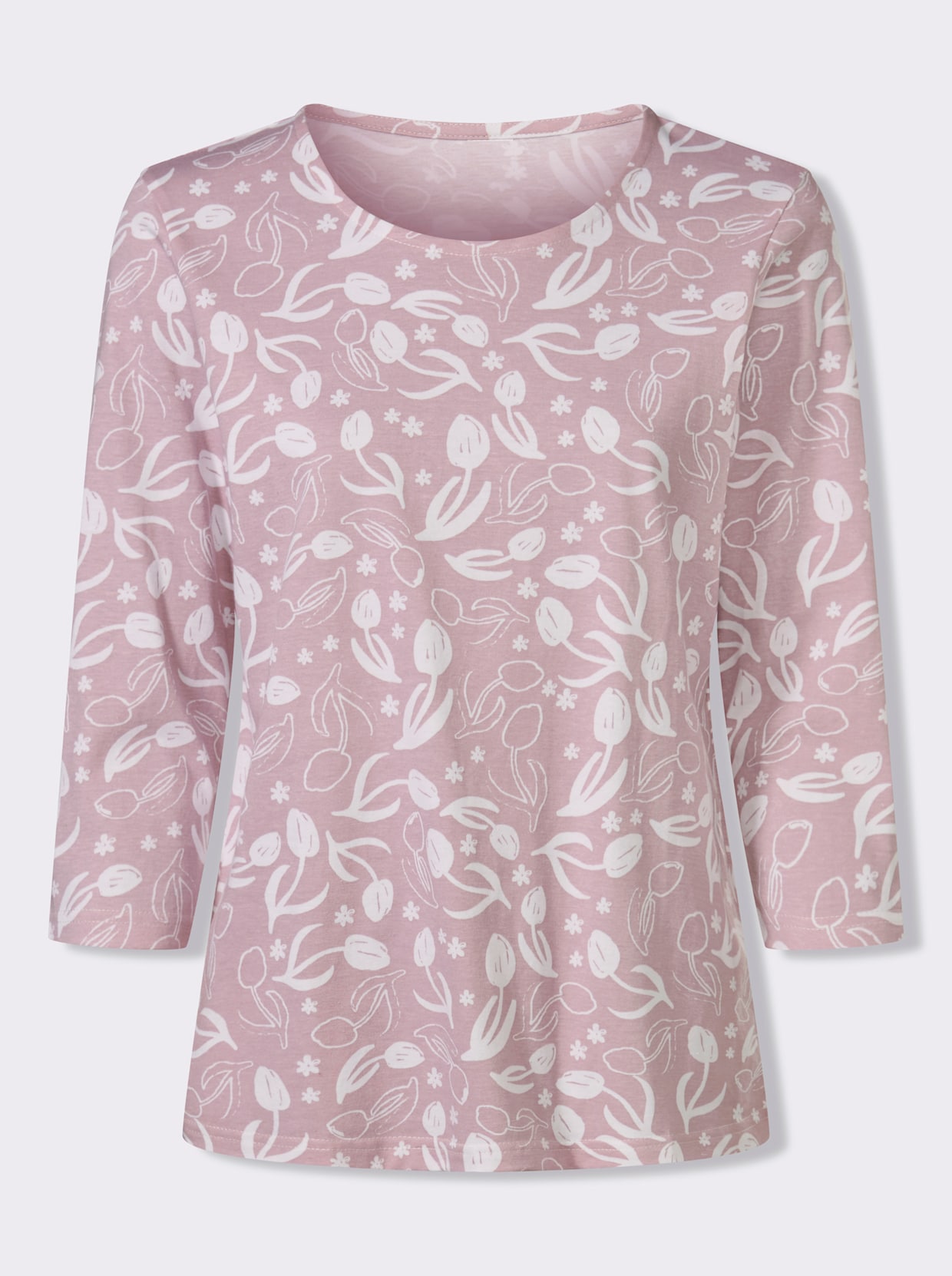Shirt met 3/4-mouwen met bloemenprint, katoen - roze/wit bedrukt