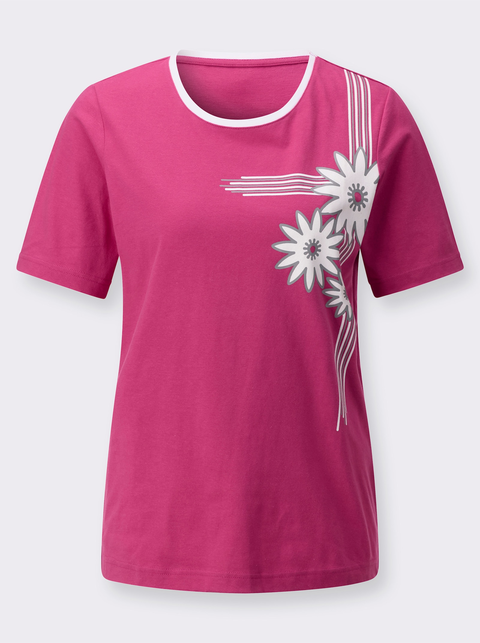 Kurzarmshirt mit platziertem Blütenprint - fuchsia