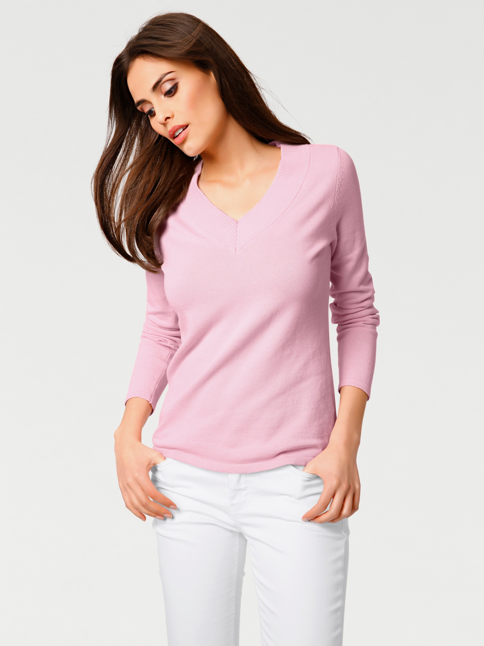 heine V-Ausschnitt-Pullover aus reiner Baumwolle - rosé