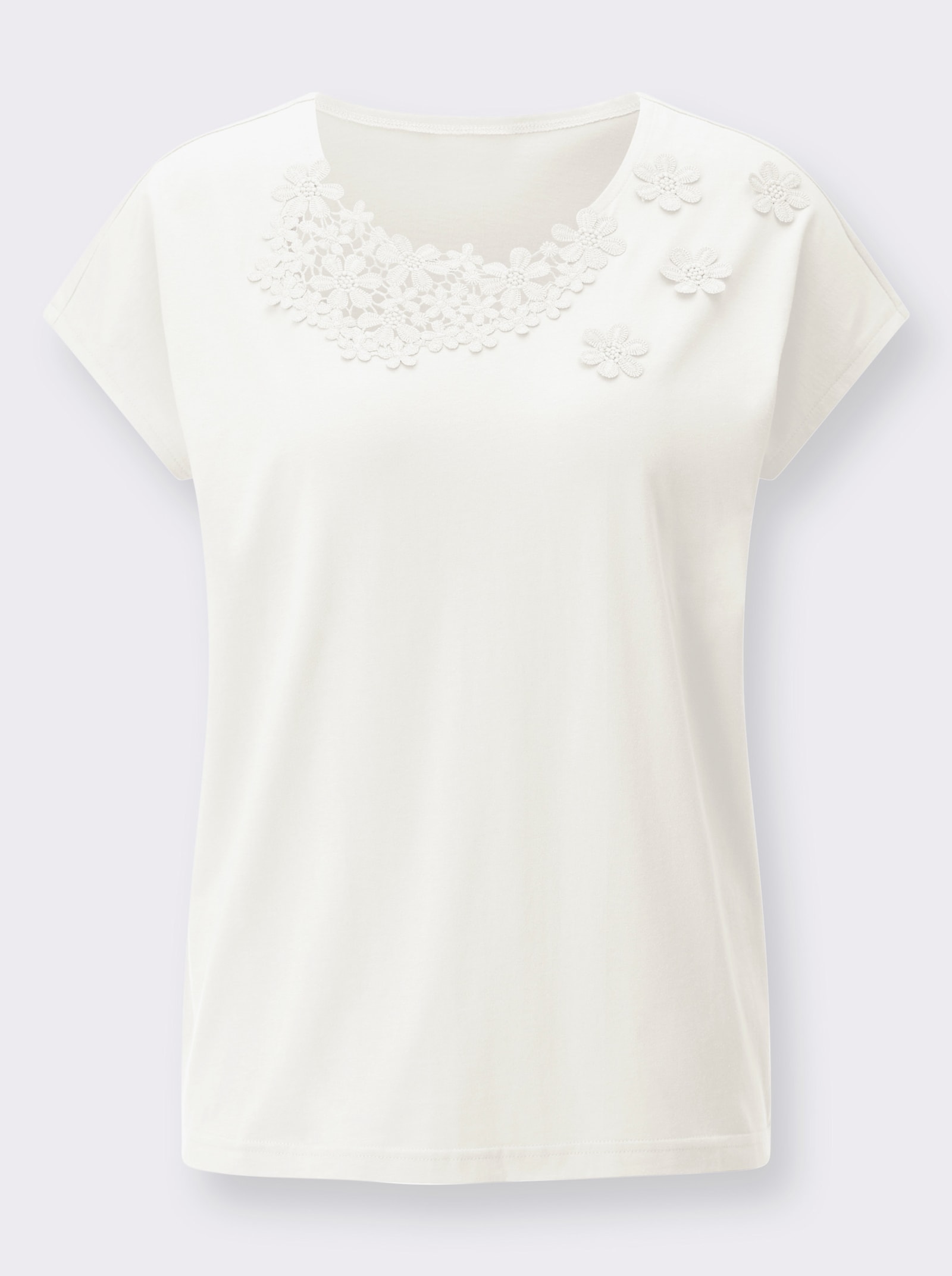 Rundhalsshirt mit Spitzenblüten - ecru