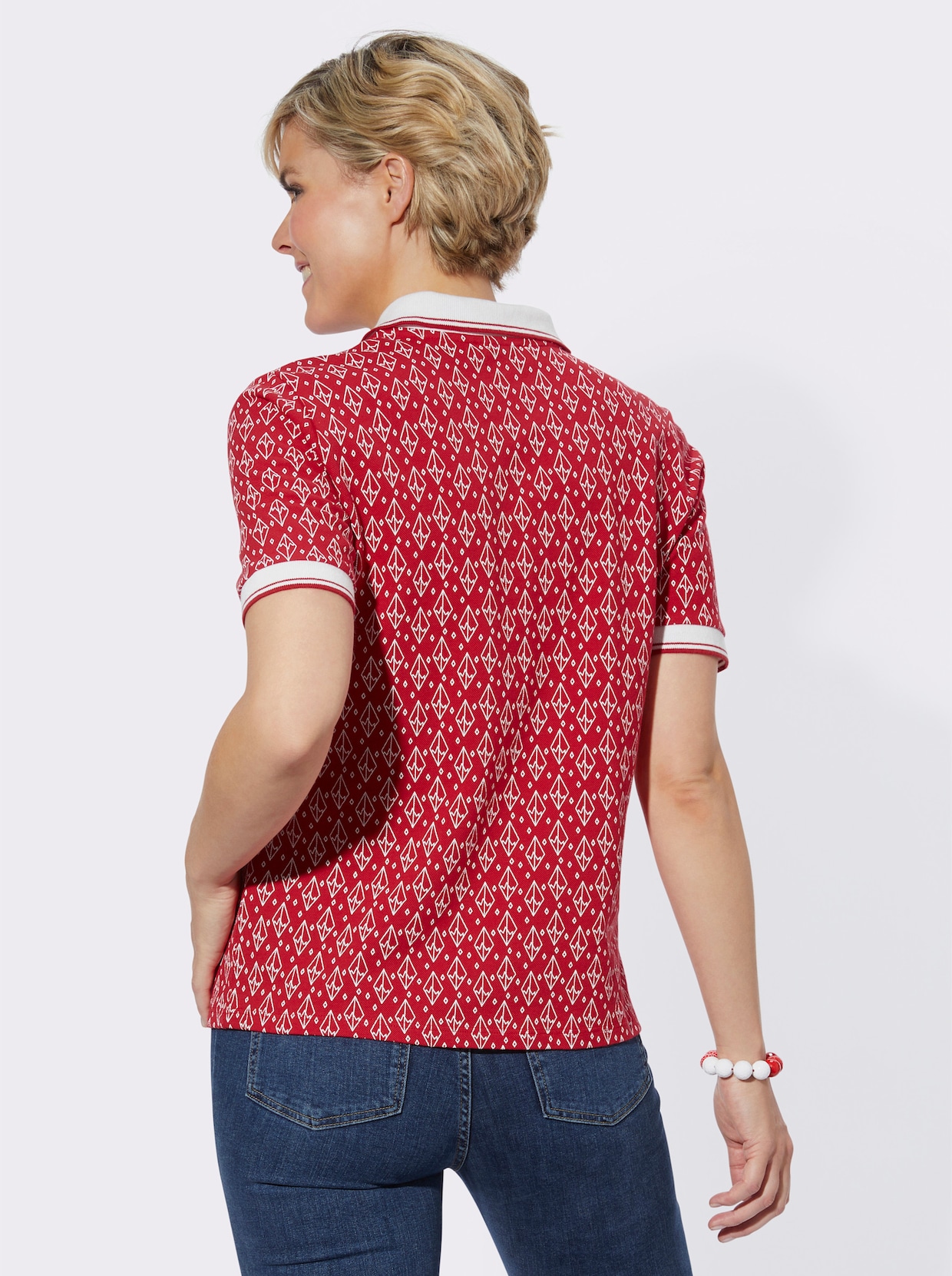Poloshirt - rot-ecru-bedruckt