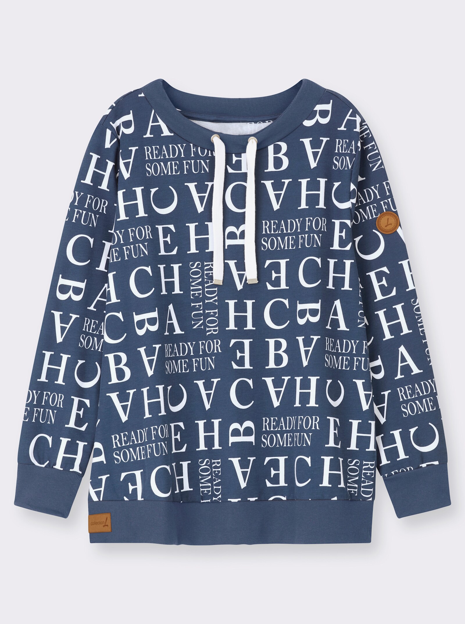Sweatshirt mit Kordeldurchzug am Ausschnitt - dunkelblau-ecru-bedruckt