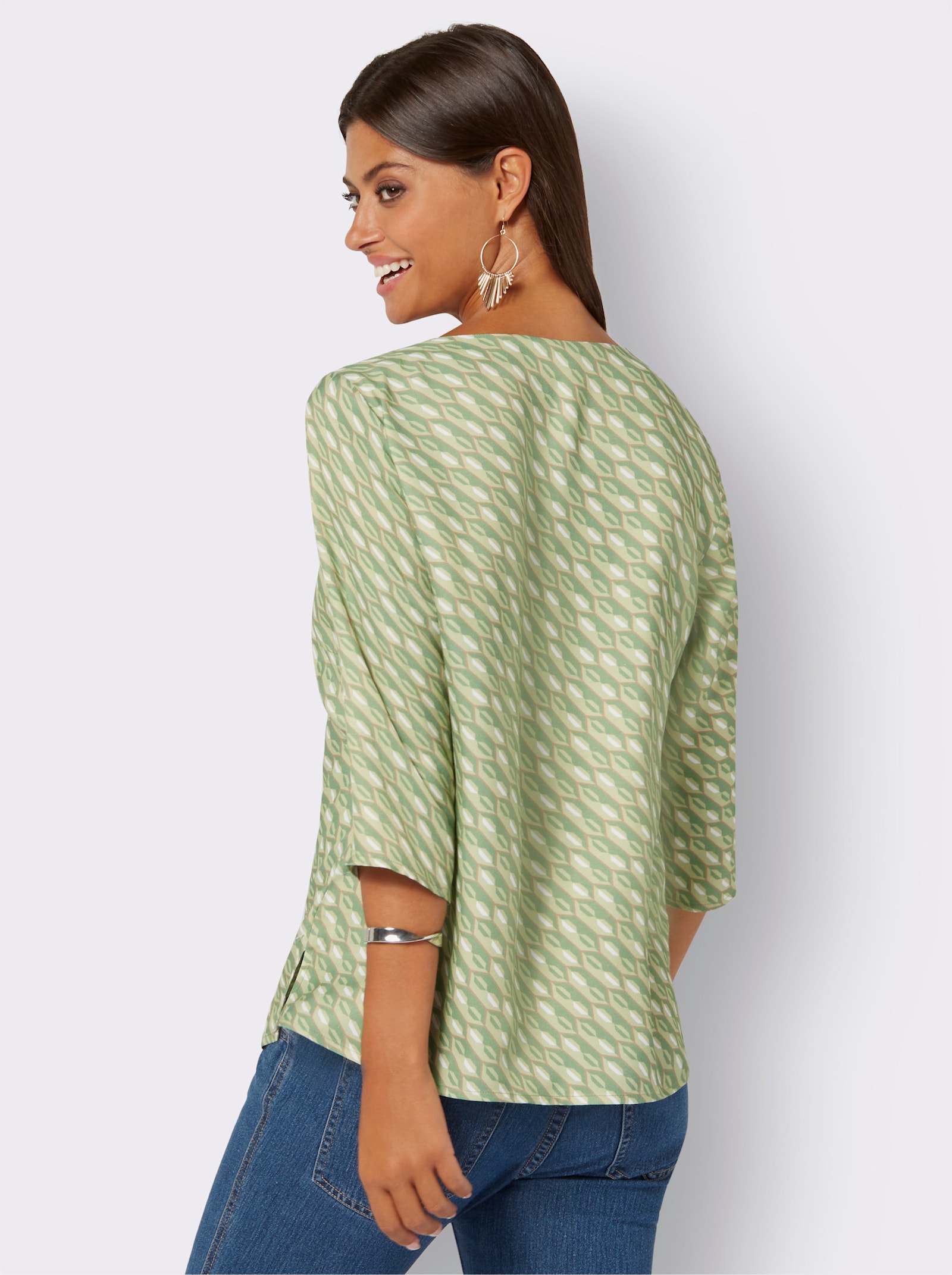 Schlupfbluse mit Seitenschlitzen - weiß-apfel-bedruckt