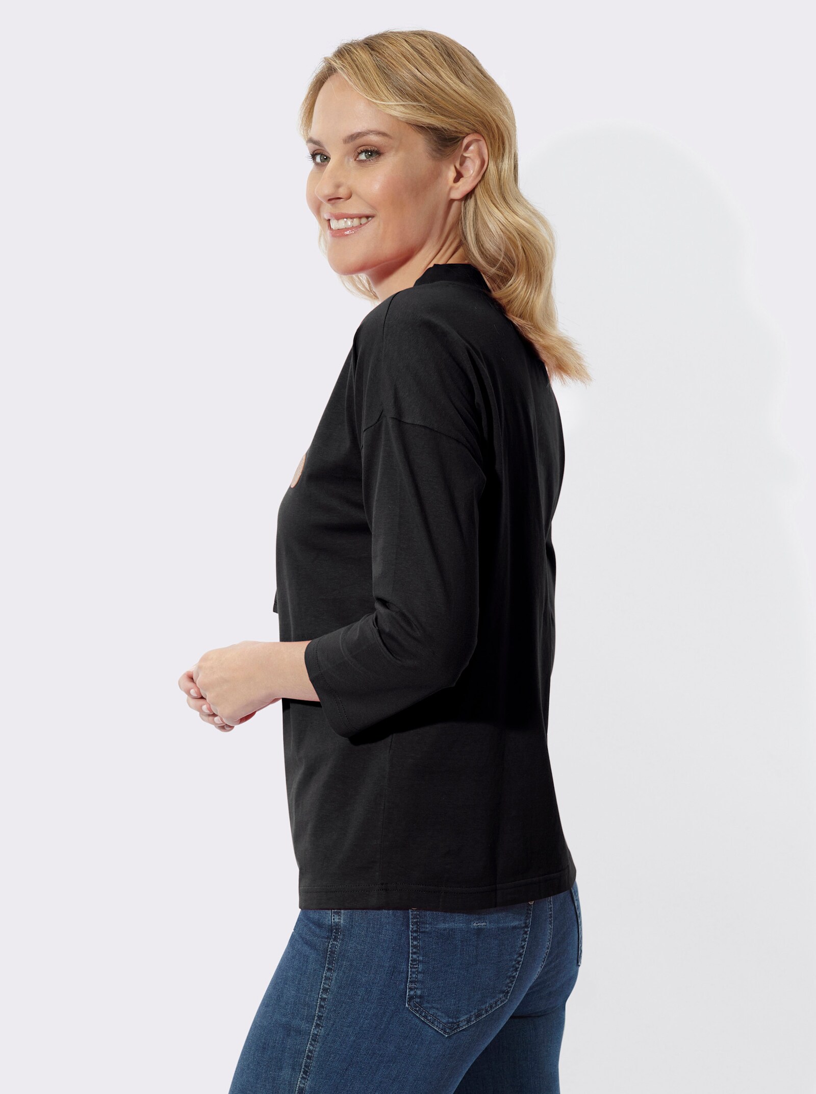 3/4-Arm-Shirt mit weitem Stehkragen - schwarz