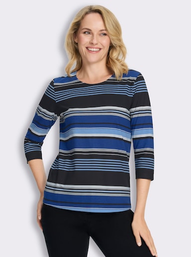 3/4-Arm-Shirt aus Baumwolle, gestreift - royalblau-schwarz-geringelt
