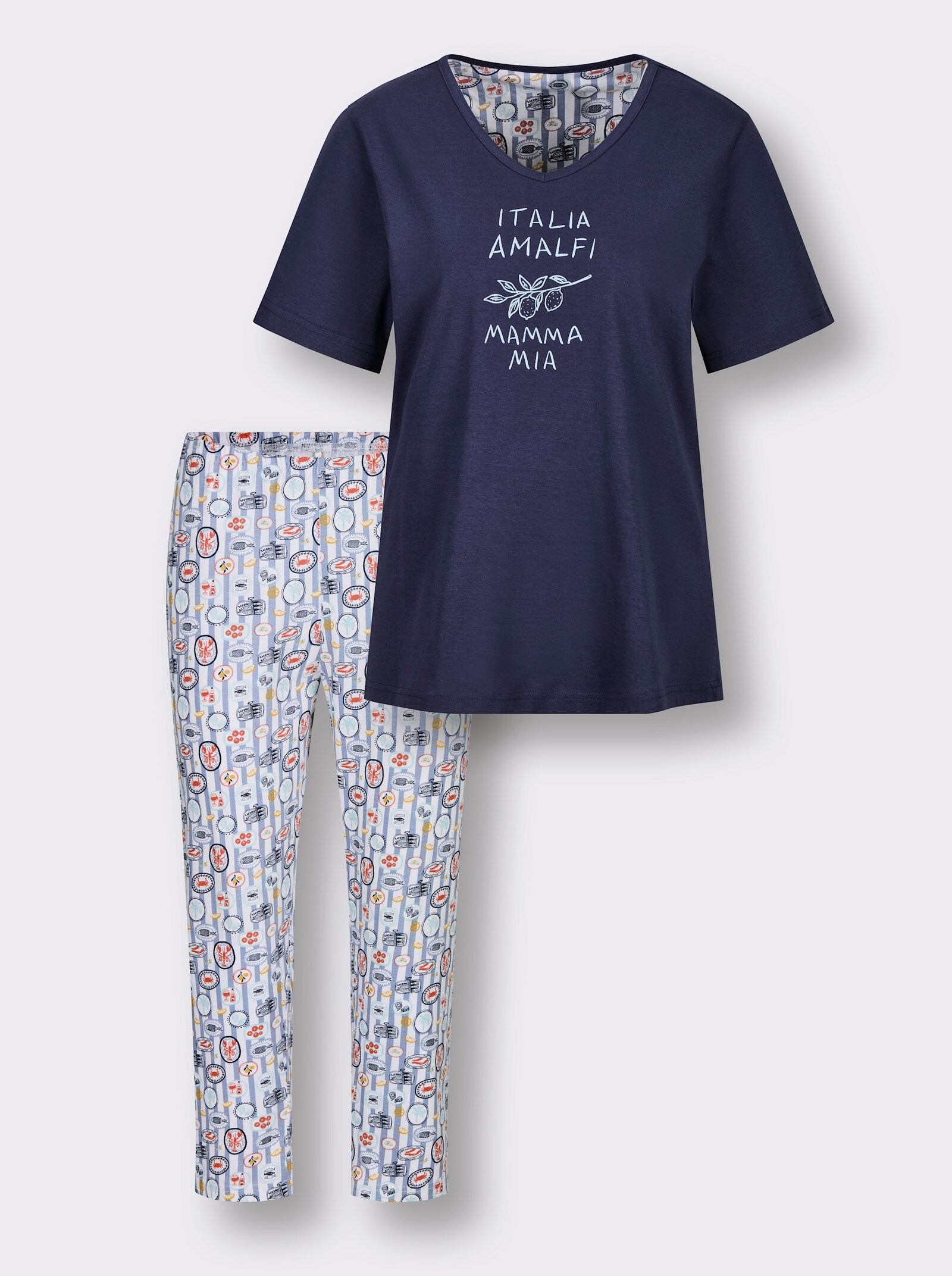 Comtessa Schlafanzug mit Caprihose - marine-hellblau-bedruckt